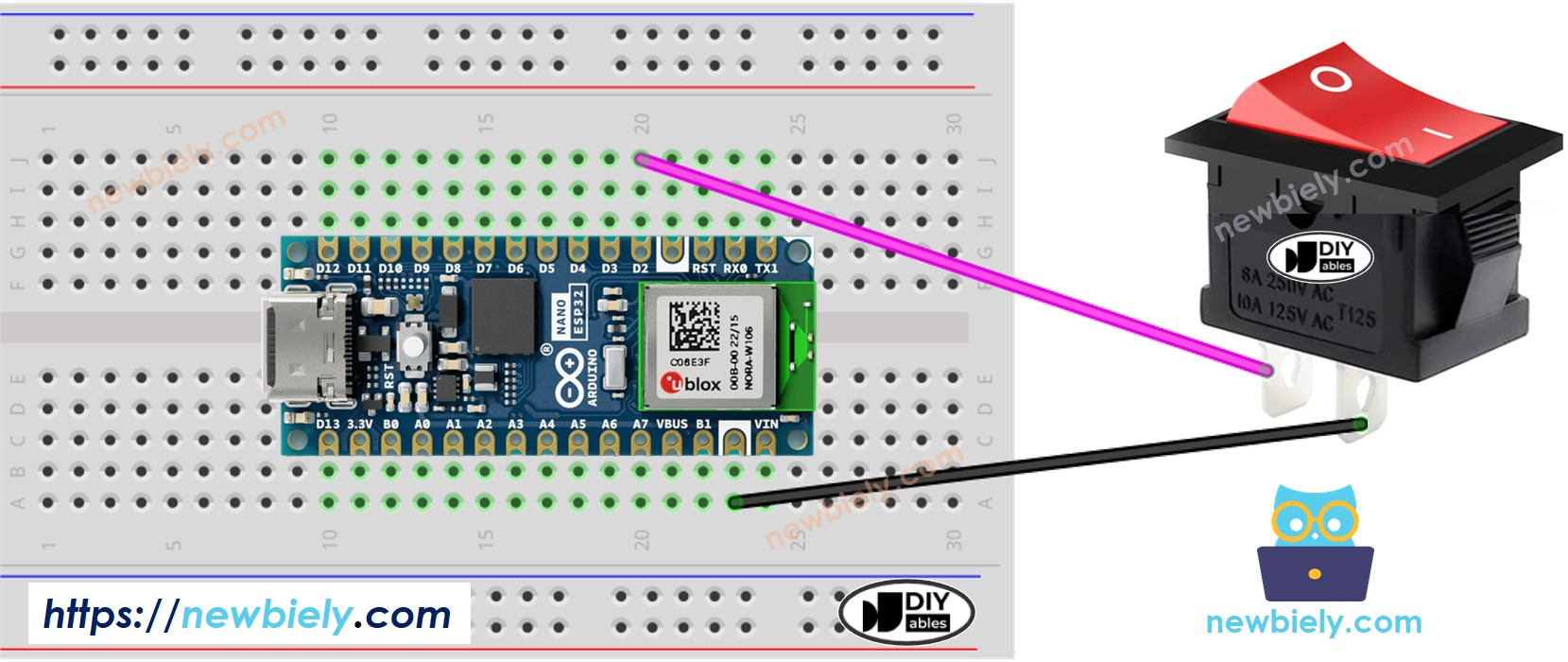 Schéma de câblage de l'interrupteur ON/OFF Arduino Nano ESP32