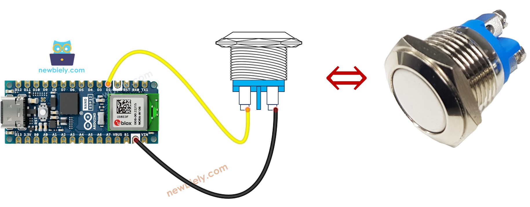 Schéma de câblage du bouton-poussoir à deux broches Arduino Nano ESP32