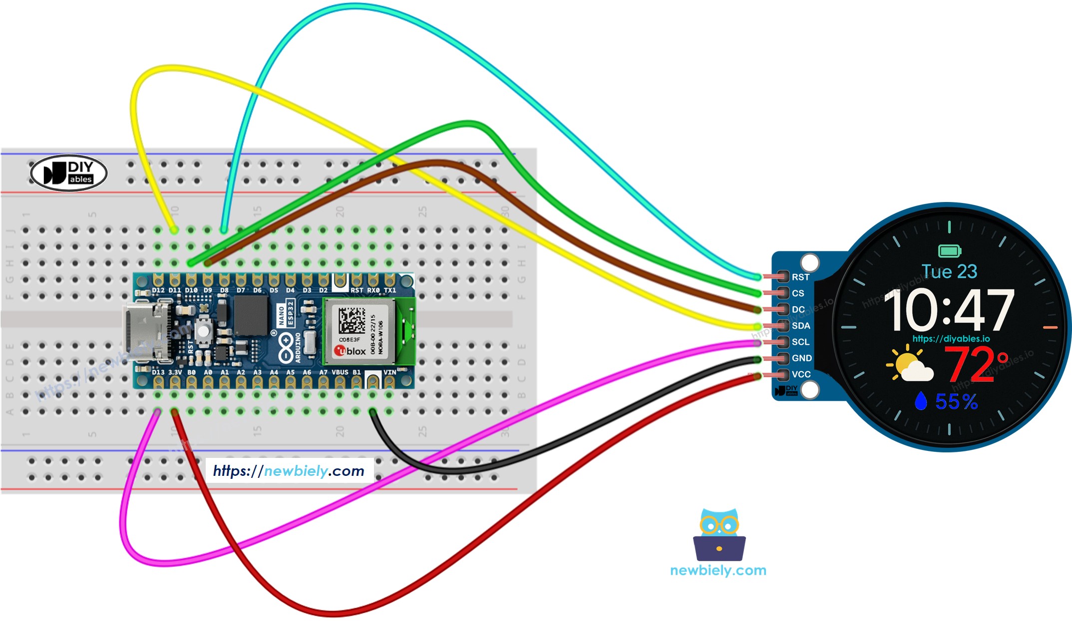 Arduino Nano ESP32, écran TFT LCD rond de 1,28 pouces, schéma de câblage