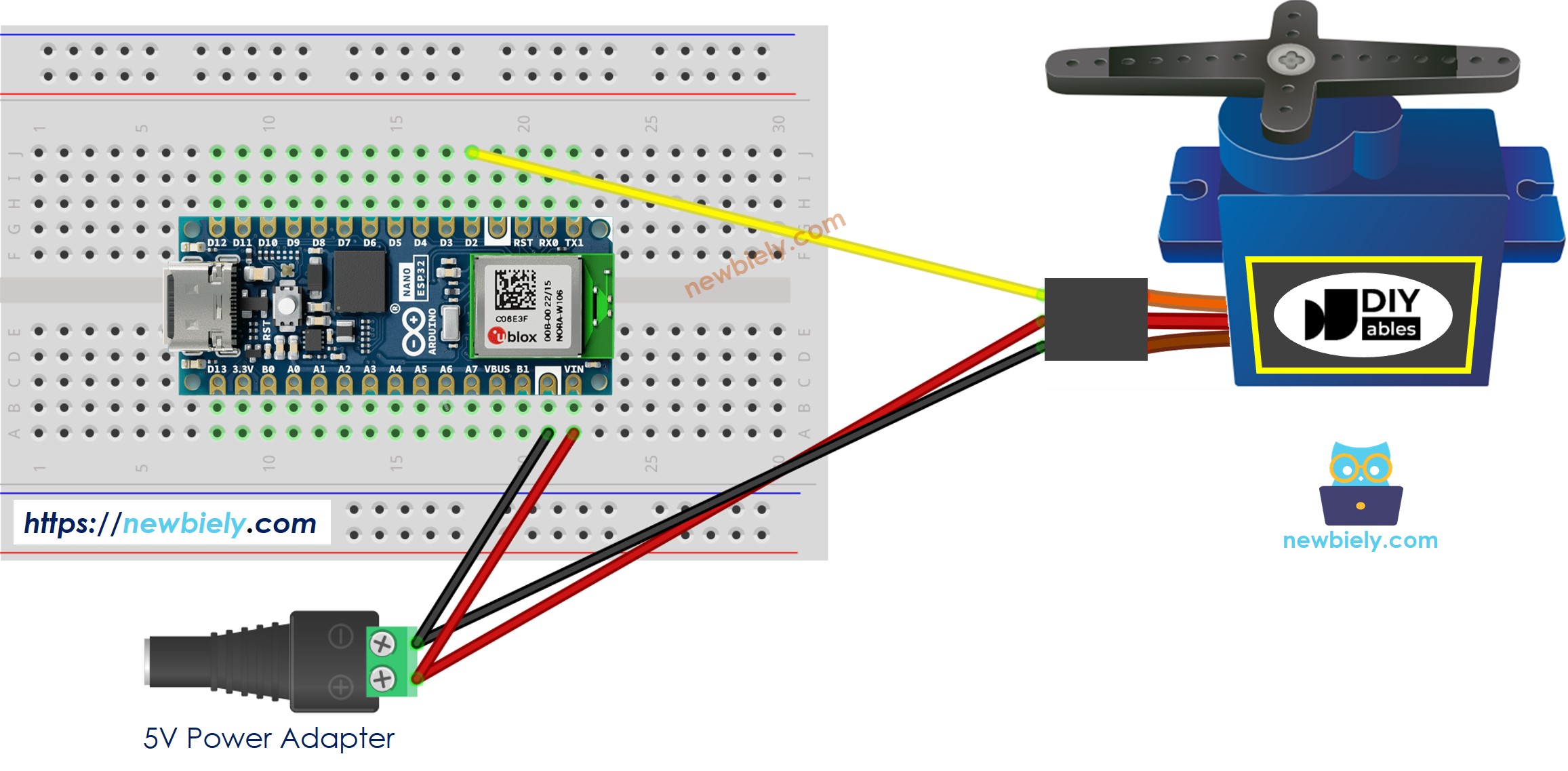 Schéma de câblage d'alimentation externe pour servo moteur Arduino Nano ESP32