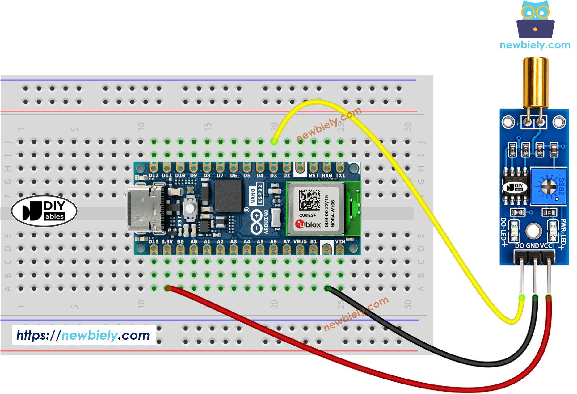 Schéma de câblage Arduino Nano ESP32 capteur d'inclinaison SW520D