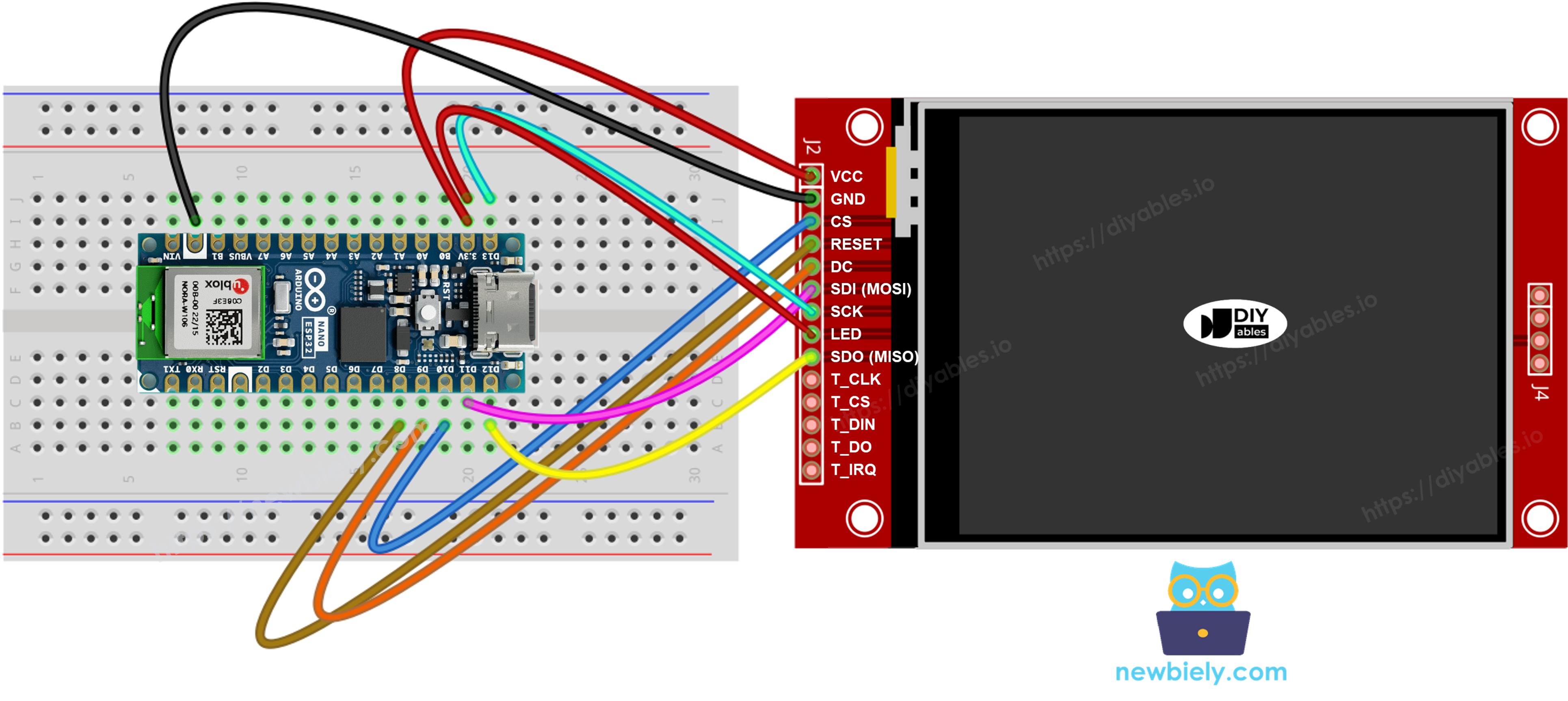 Schéma de câblage écran TFT SPI Arduino Nano ESP32 sans tactile