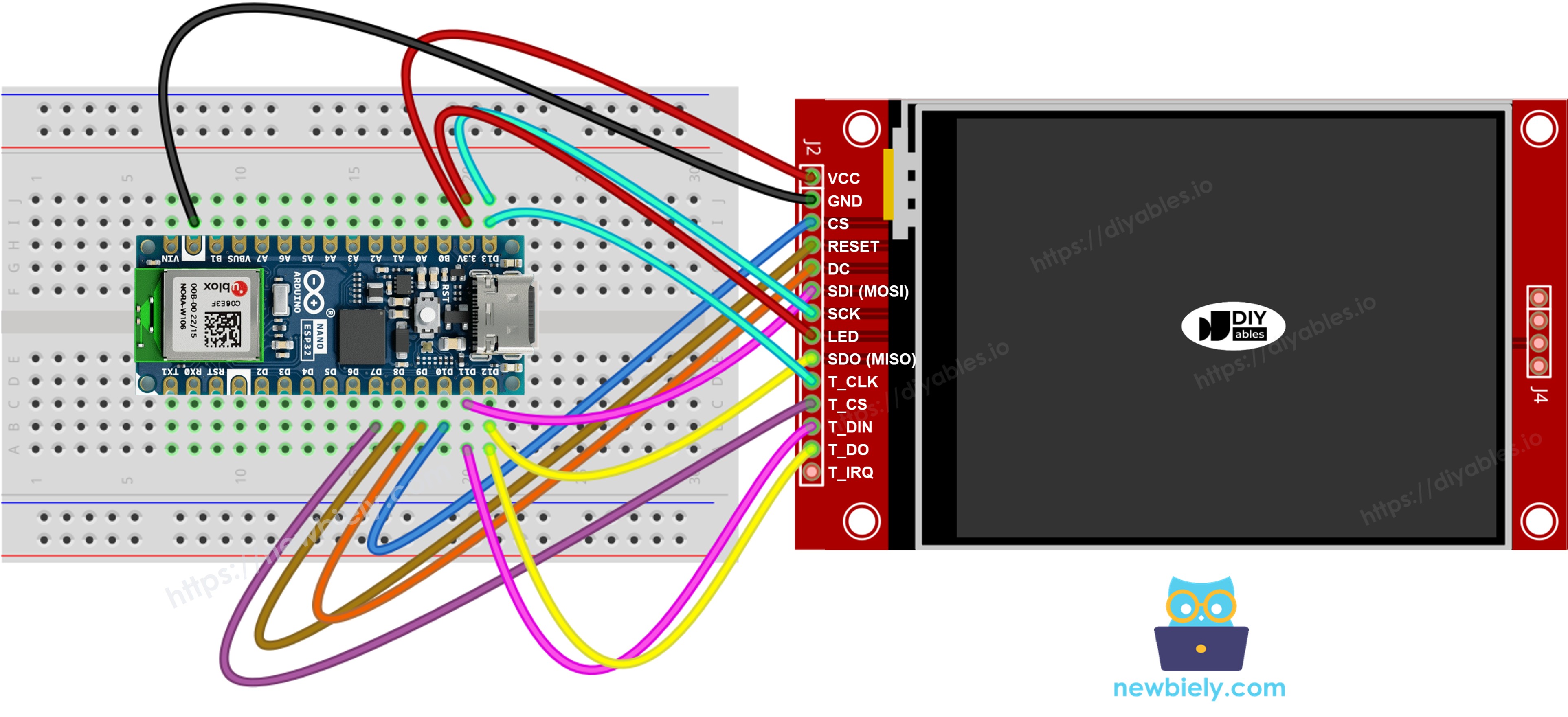 Schéma de câblage écran TFT SPI Arduino Nano ESP32 avec tactile