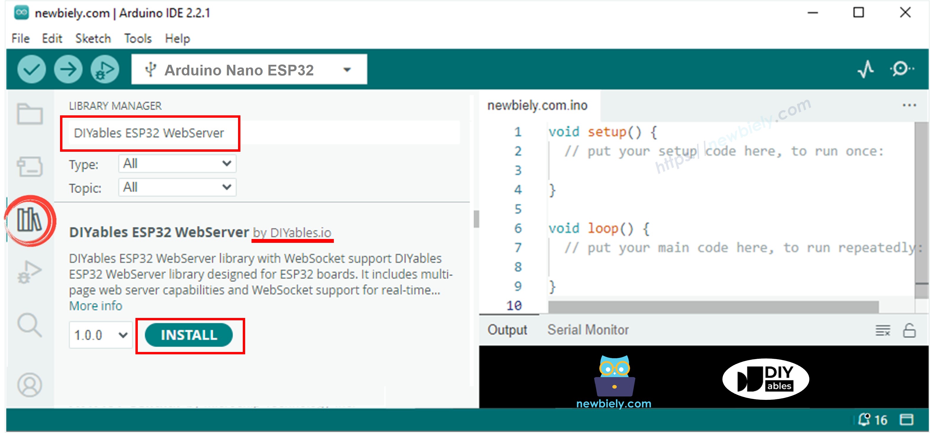 Bibliothèque DIYables ESP32 WebServer pour Arduino Nano ESP32