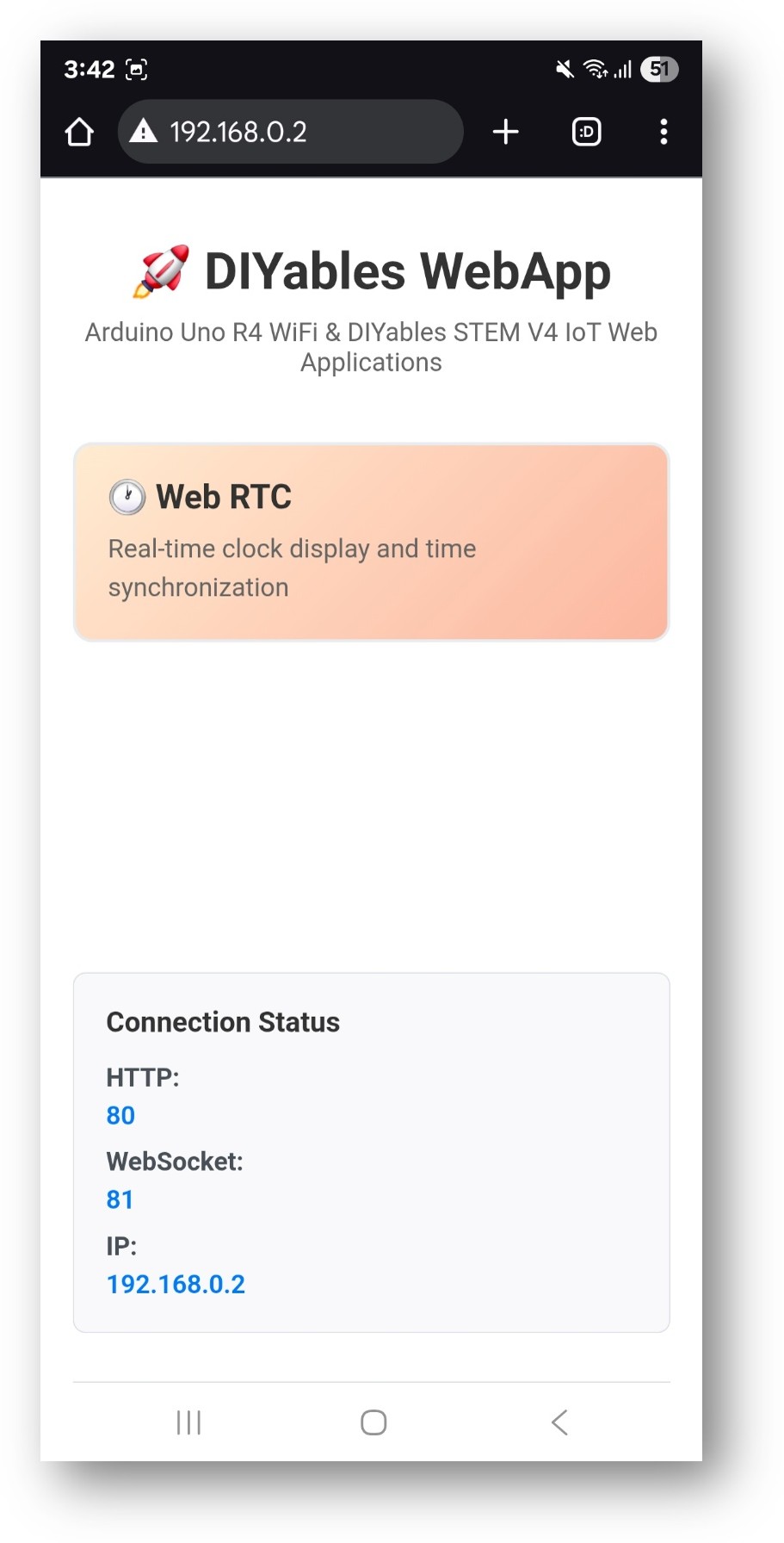 Arduino Nano ESP32 DIYables WebApp page d'accueil avec l'application Web RTC