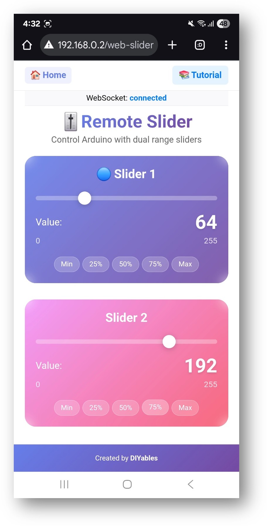 Arduino Nano ESP32 DIYables WebApp application Web Slider
