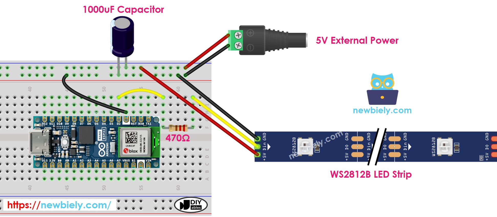 Schéma de câblage Arduino Nano ESP32 avec bande LED RGB WS2812B