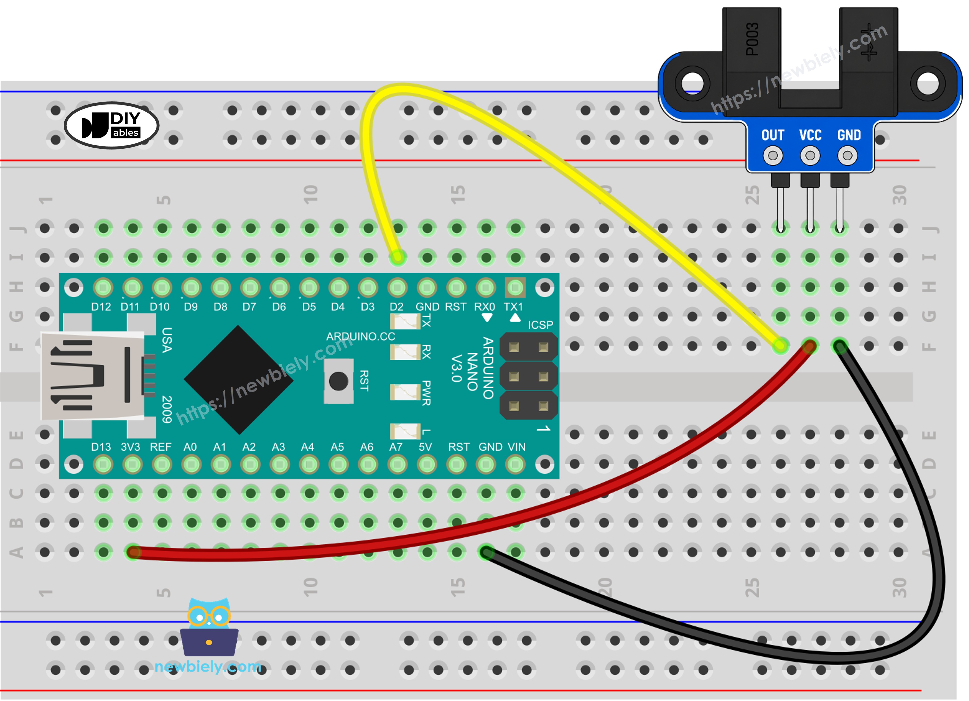 Schéma de câblage Arduino Nano avec capteur de vitesse optique à fente IR
