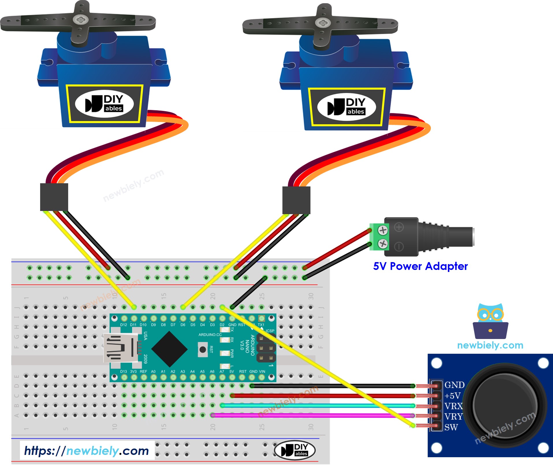 Schéma de câblage du joystick Arduino Nano et du moteur servo