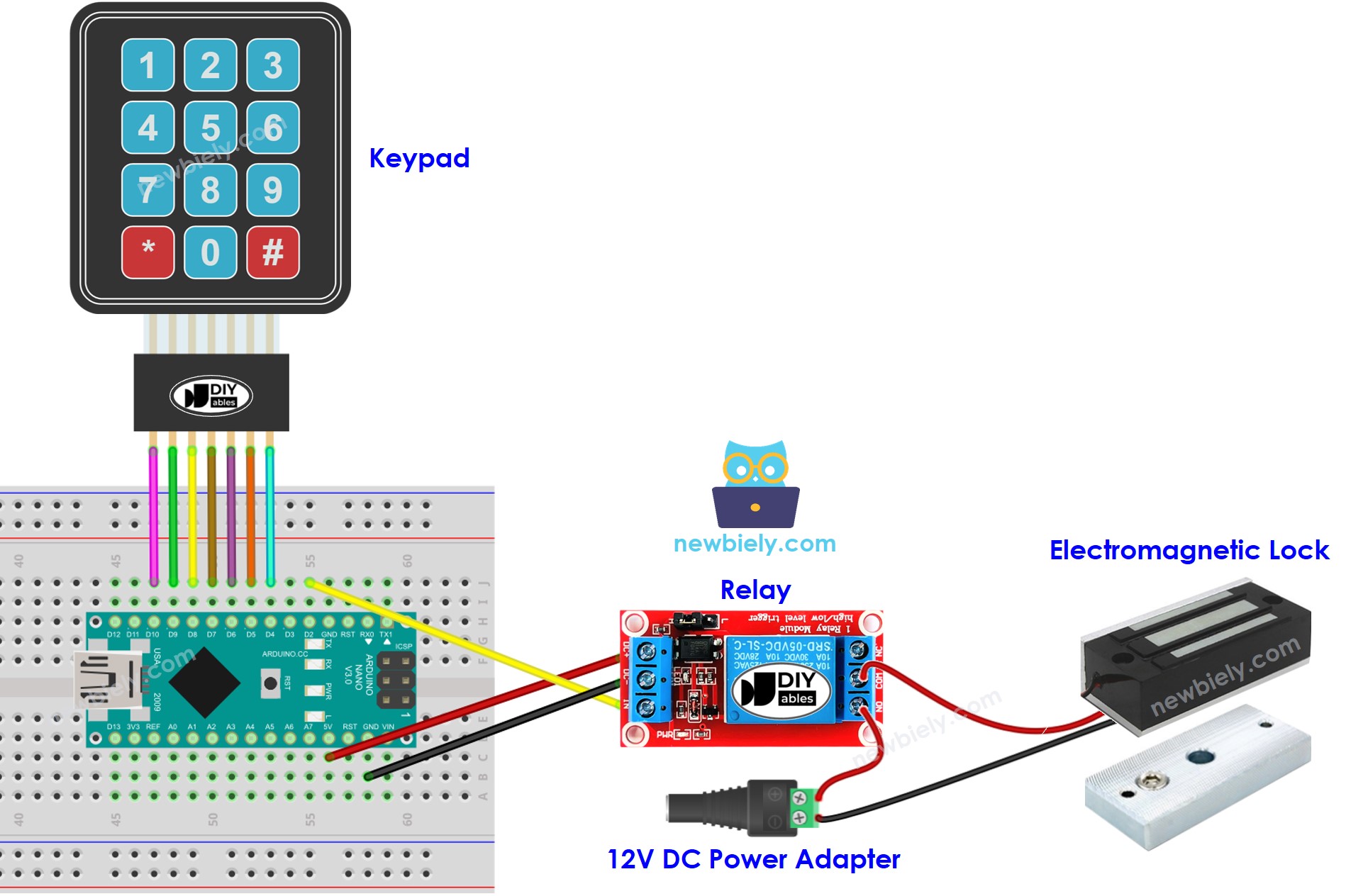 Schéma de câblage de l'Arduino Nano, du clavier numérique, et de la serrure électromagnétique