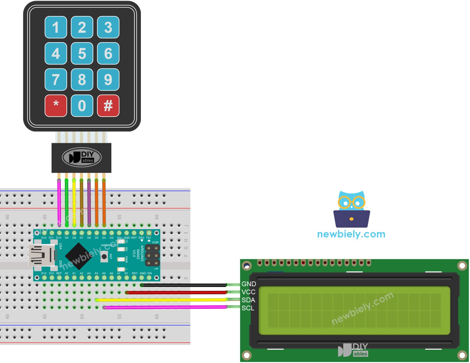 Schéma de câblage de l'écran LCD du clavier Arduino Nano