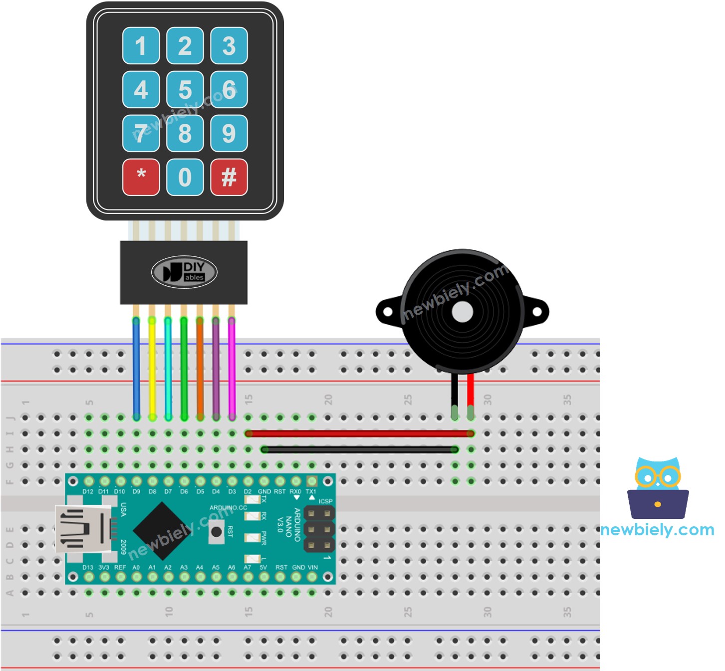 Schéma de câblage du buzzer piézo avec clavier pour Arduino Nano.