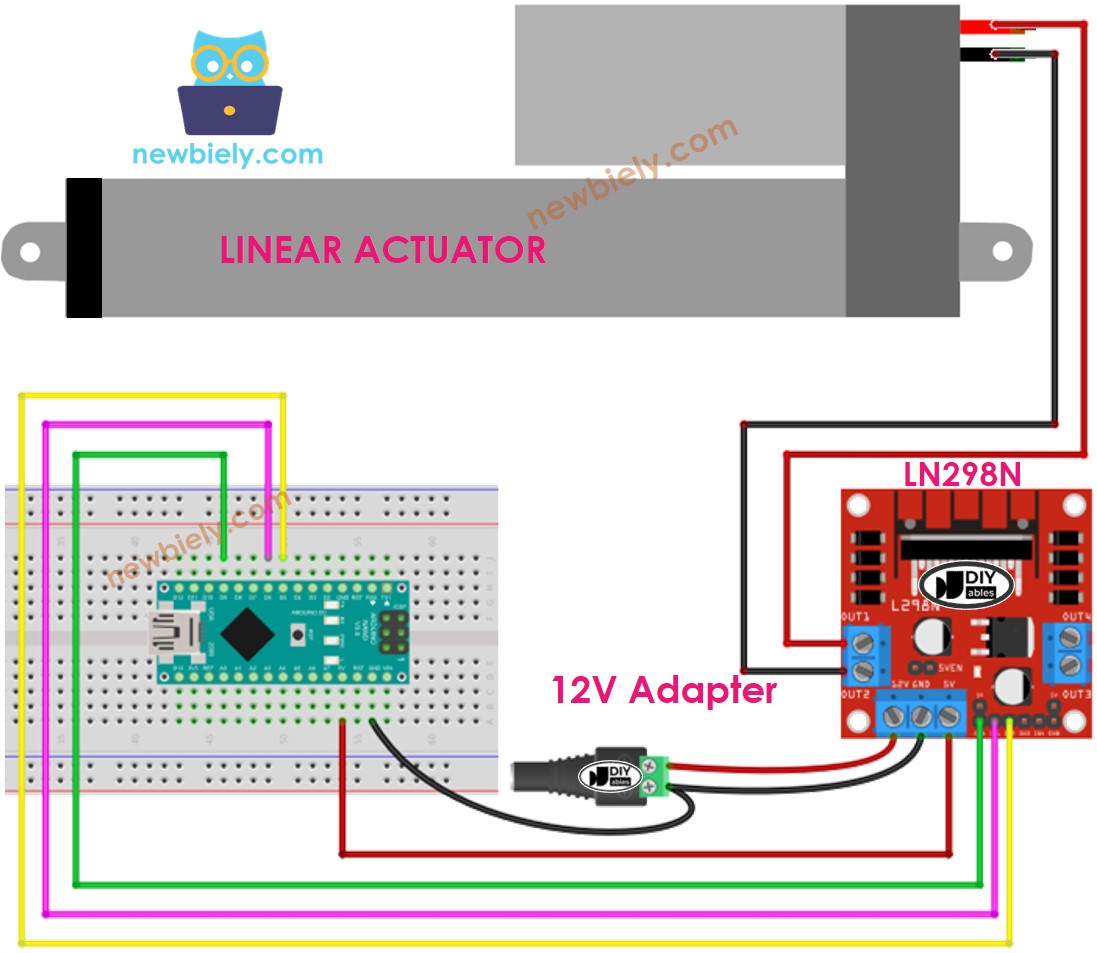 Schéma de câblage de l'actionneur linéaire Arduino Nano avec driver L298N