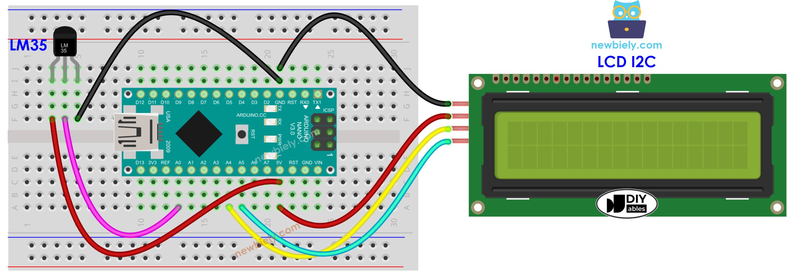 Schéma de câblage de l'écran LCD du capteur de température LM35 Arduino Nano