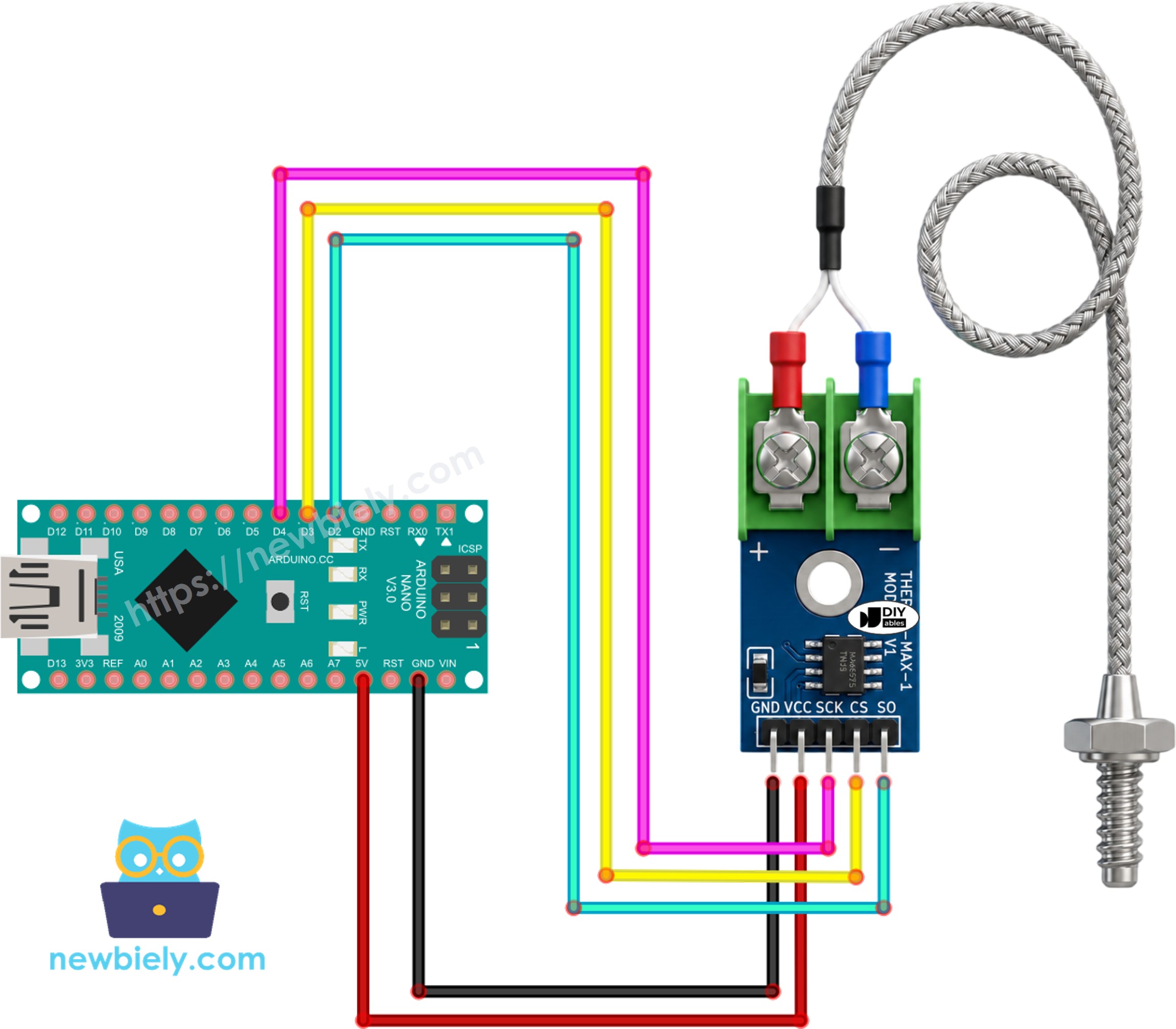 Schéma de câblage Arduino Nano module thermocouple MAX6675