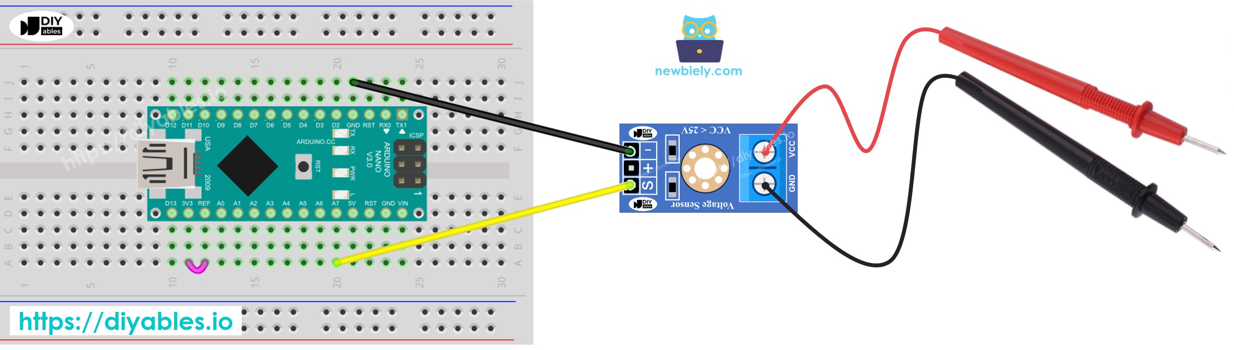 Schéma de câblage de mesure de tension Arduino Nano