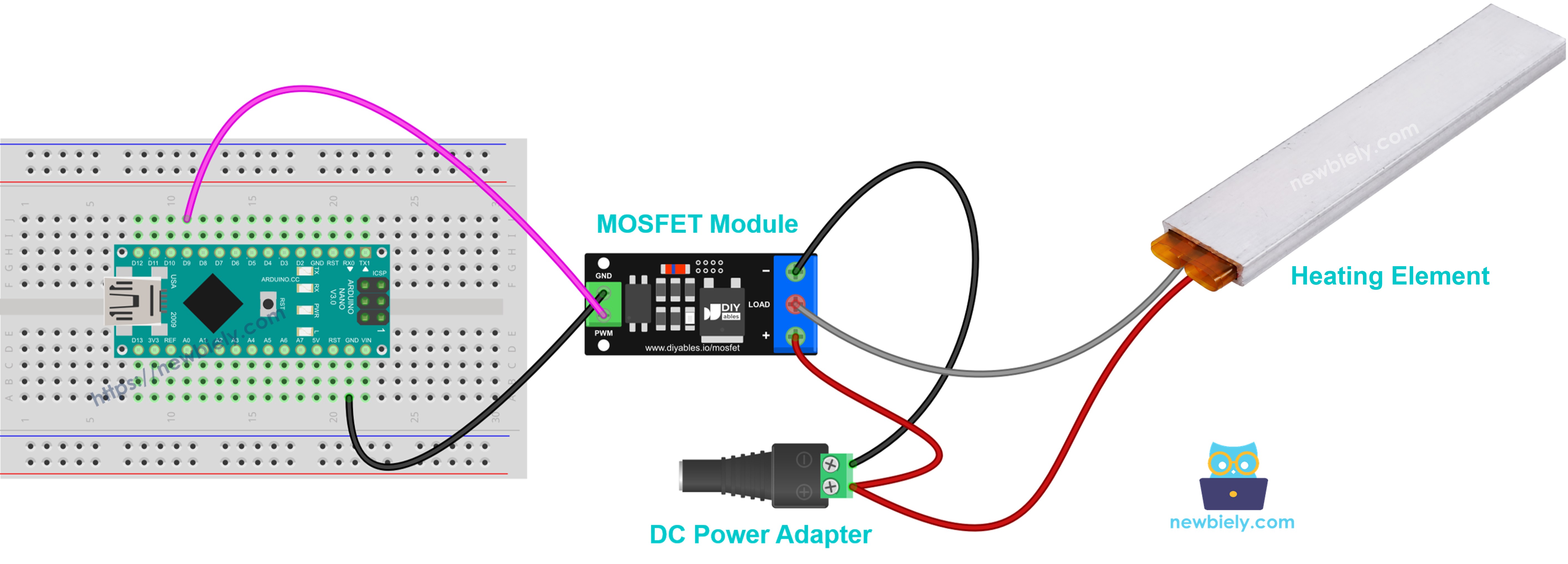 Schéma de câblage Arduino Nano, élément chauffant et module MOSFET