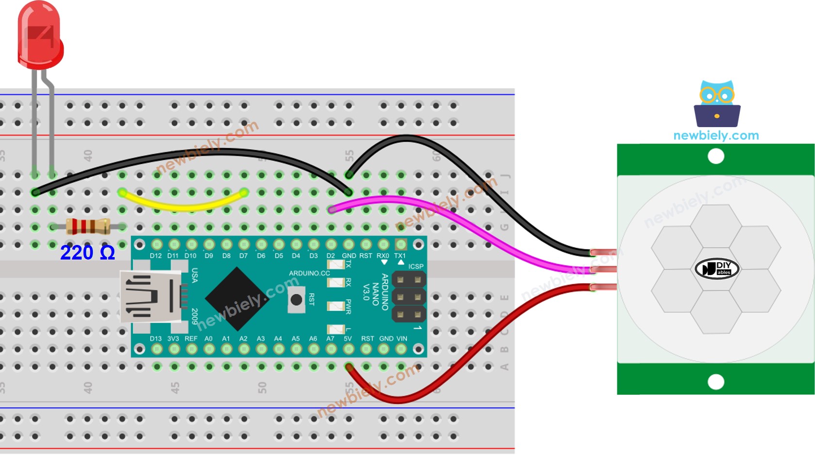 Schéma de câblage de la LED du capteur de mouvement Arduino Nano