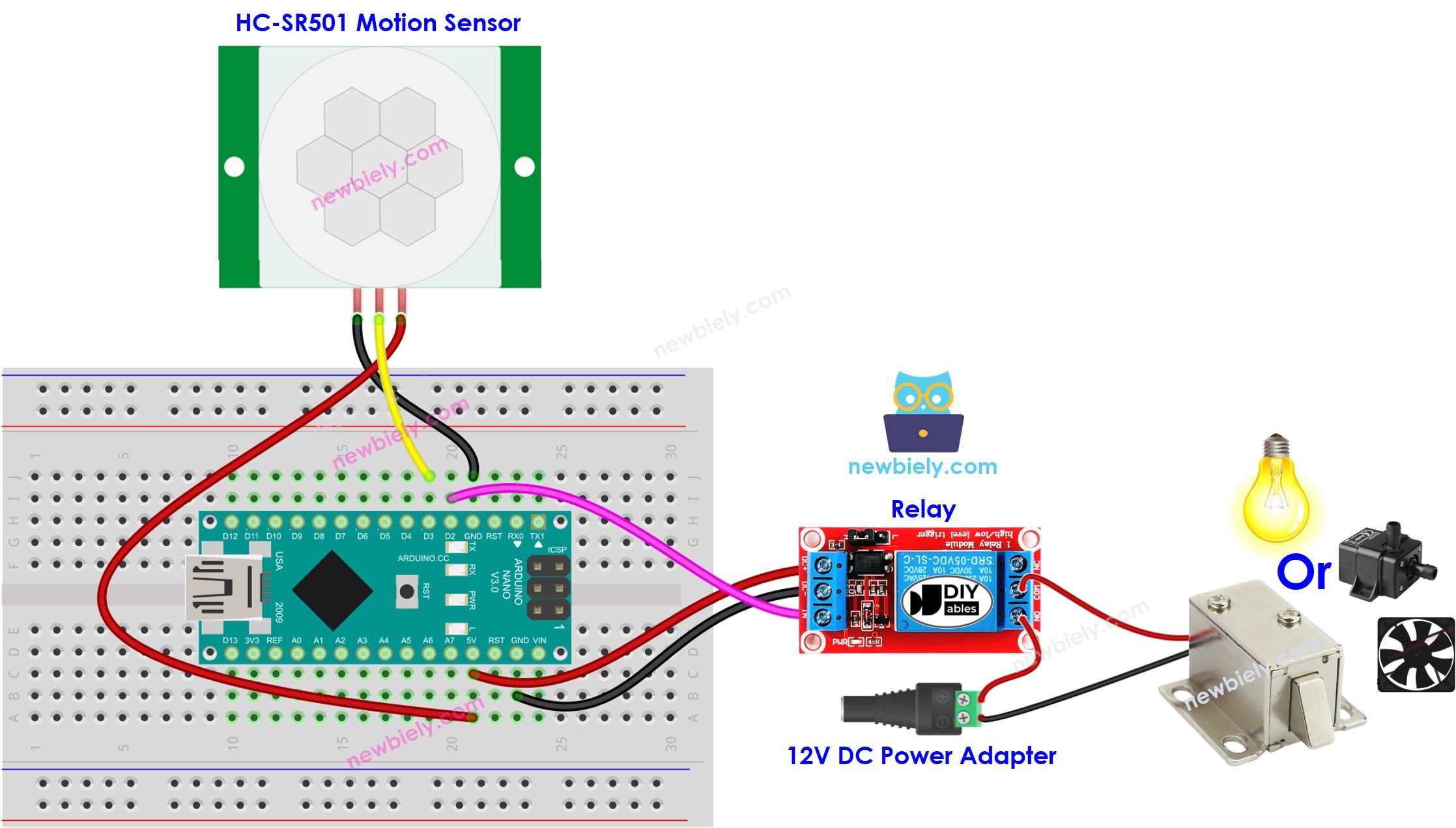 Schéma de câblage du relais de capteur de mouvement Arduino Nano