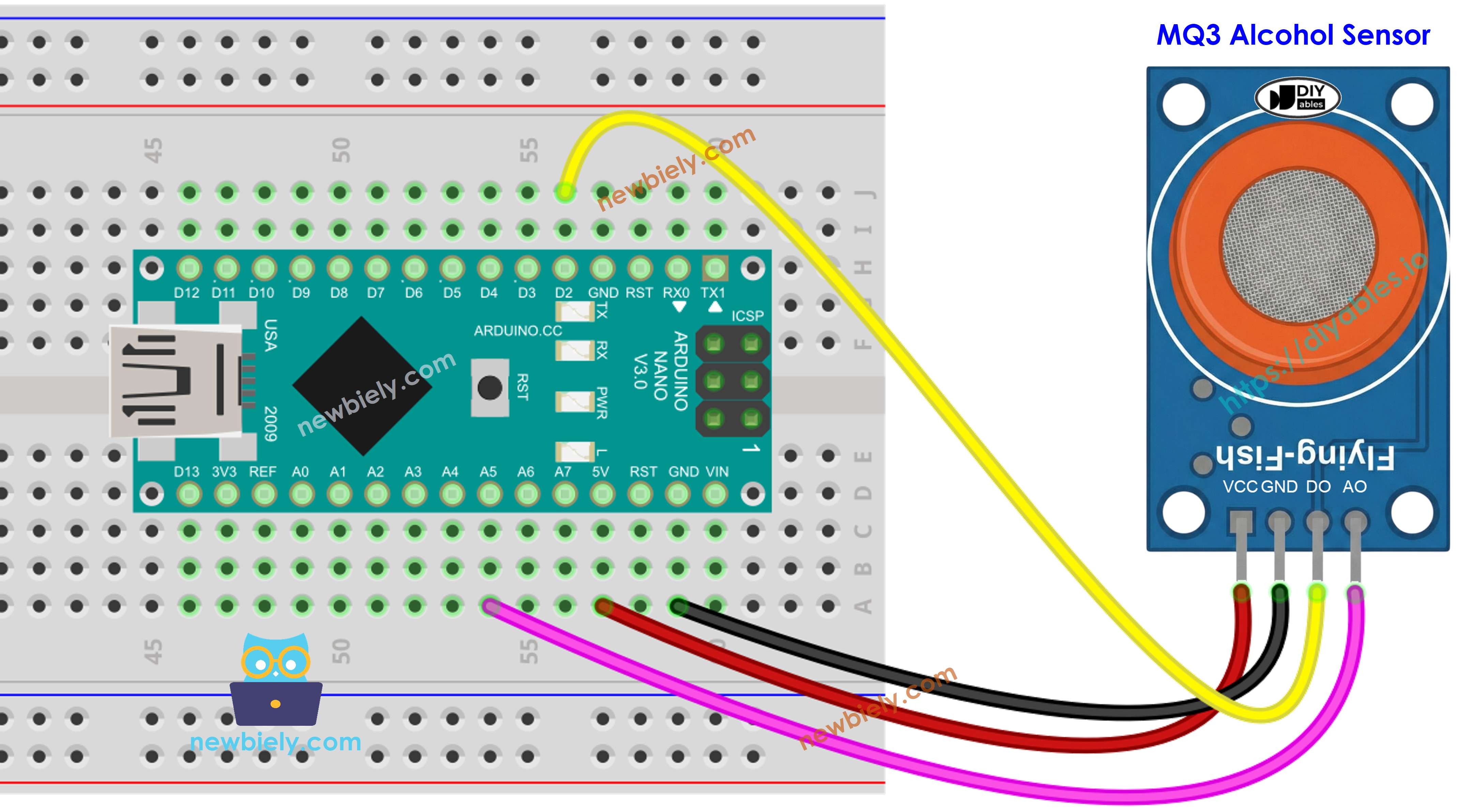 Schéma de câblage Arduino Nano et capteur d'alcool MQ3 montrant les connexions des broches