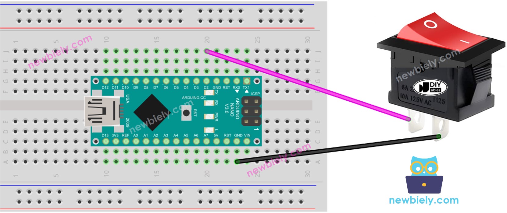 Schéma de câblage du commutateur marche/arrêt Arduino Nano