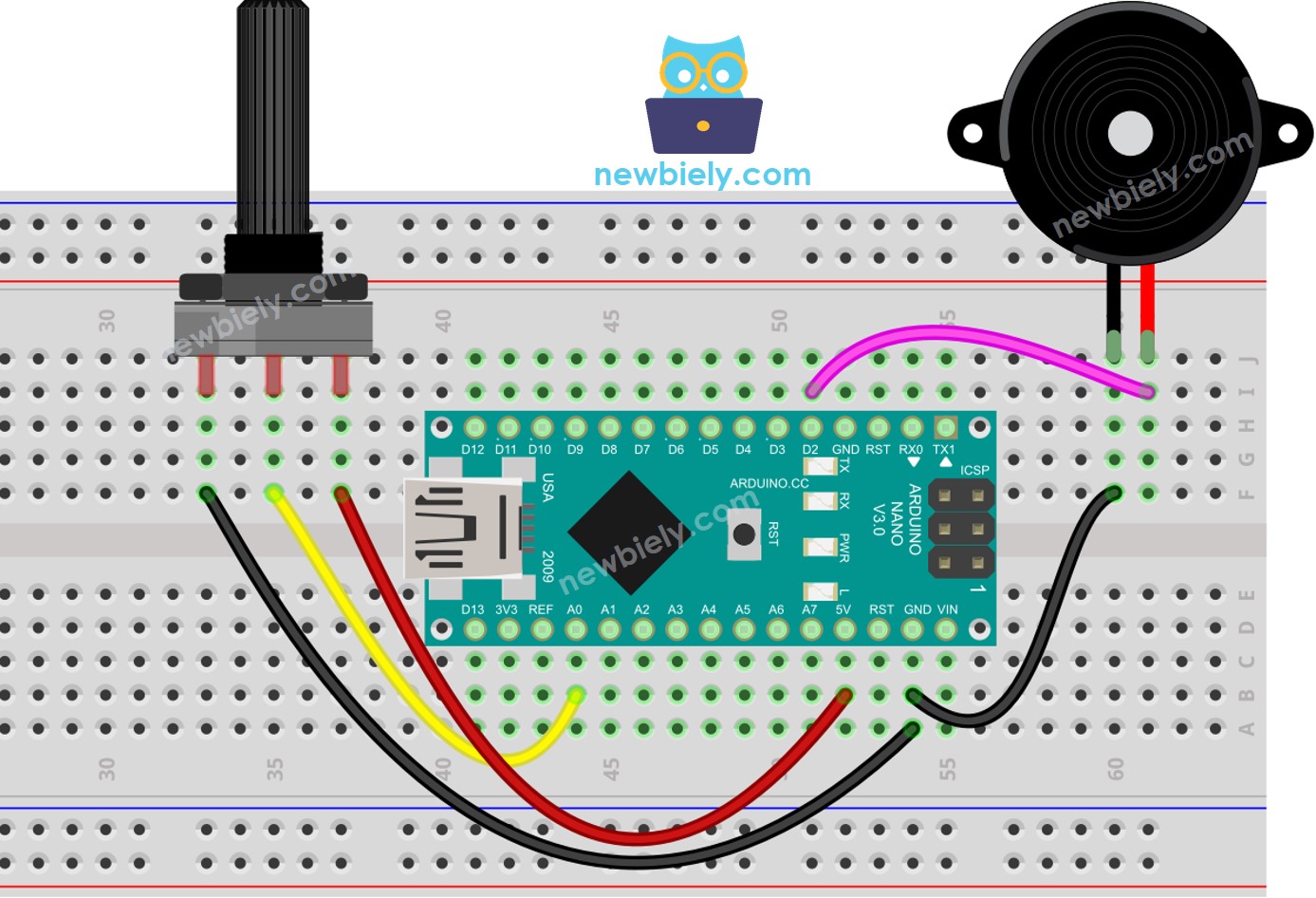 Schéma de câblage du potentiomètre Arduino Nano et du buzzer piézo