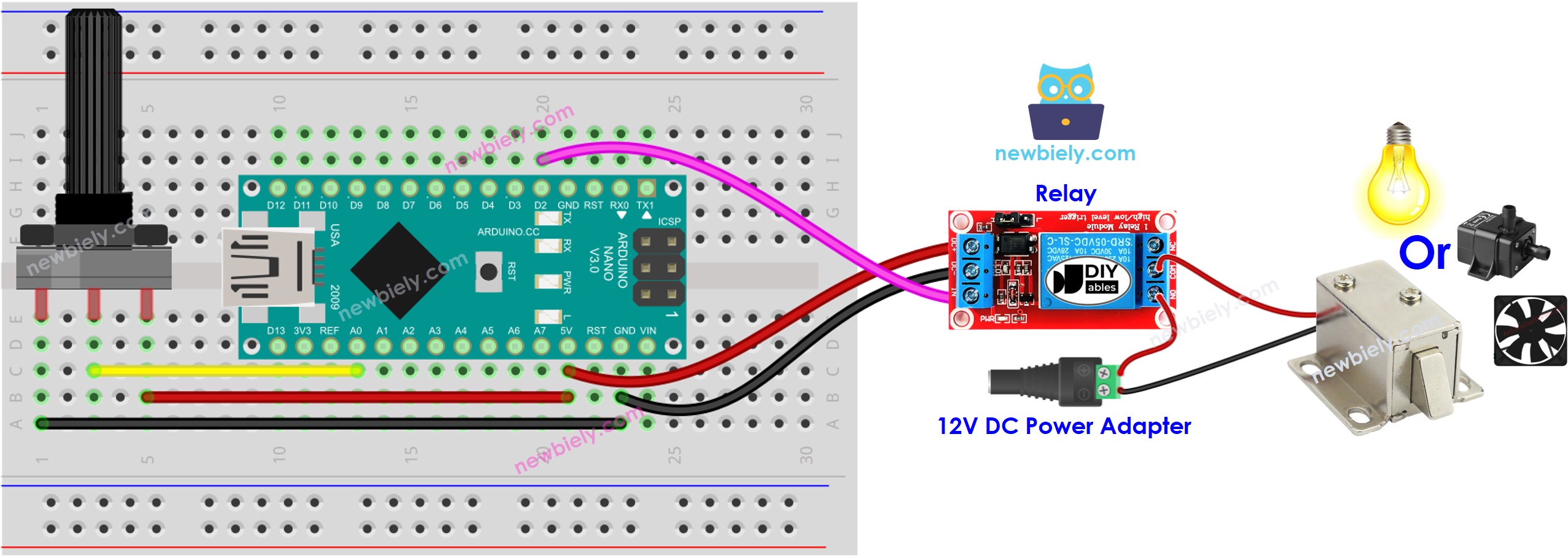 Schéma de câblage du relais potentiomètre Arduino Nano