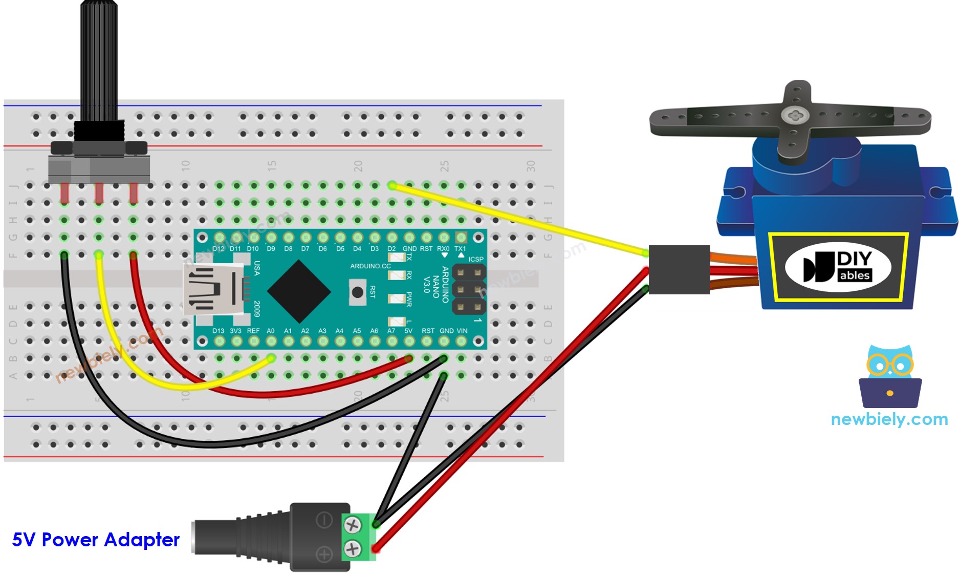 Schéma de câblage du potentiomètre de moteur servo Arduino Nano