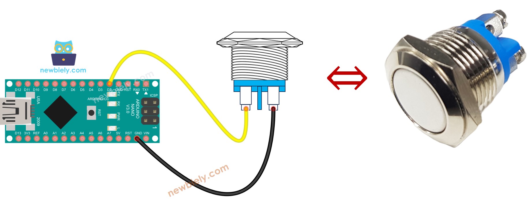 Schéma de câblage du bouton-poussoir à deux broches Arduino Nano
