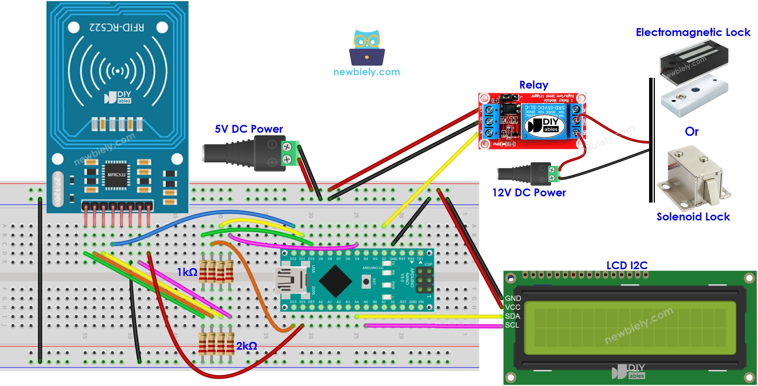 Schéma de câblage d'un verrou de porte RFID RC522 avec Arduino Nano et écran LCD