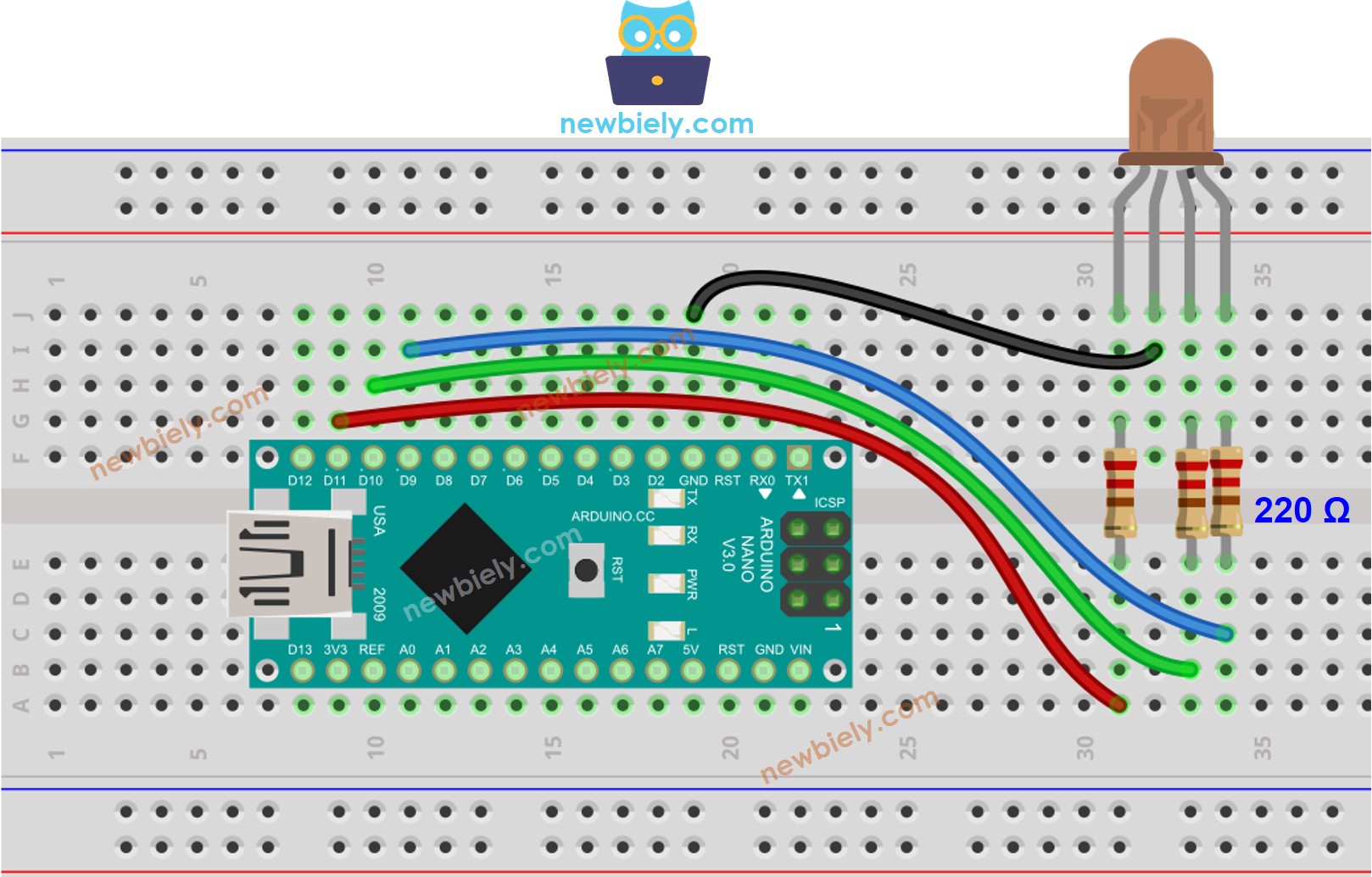 Schéma de câblage de la LED RVB Arduino Nano
