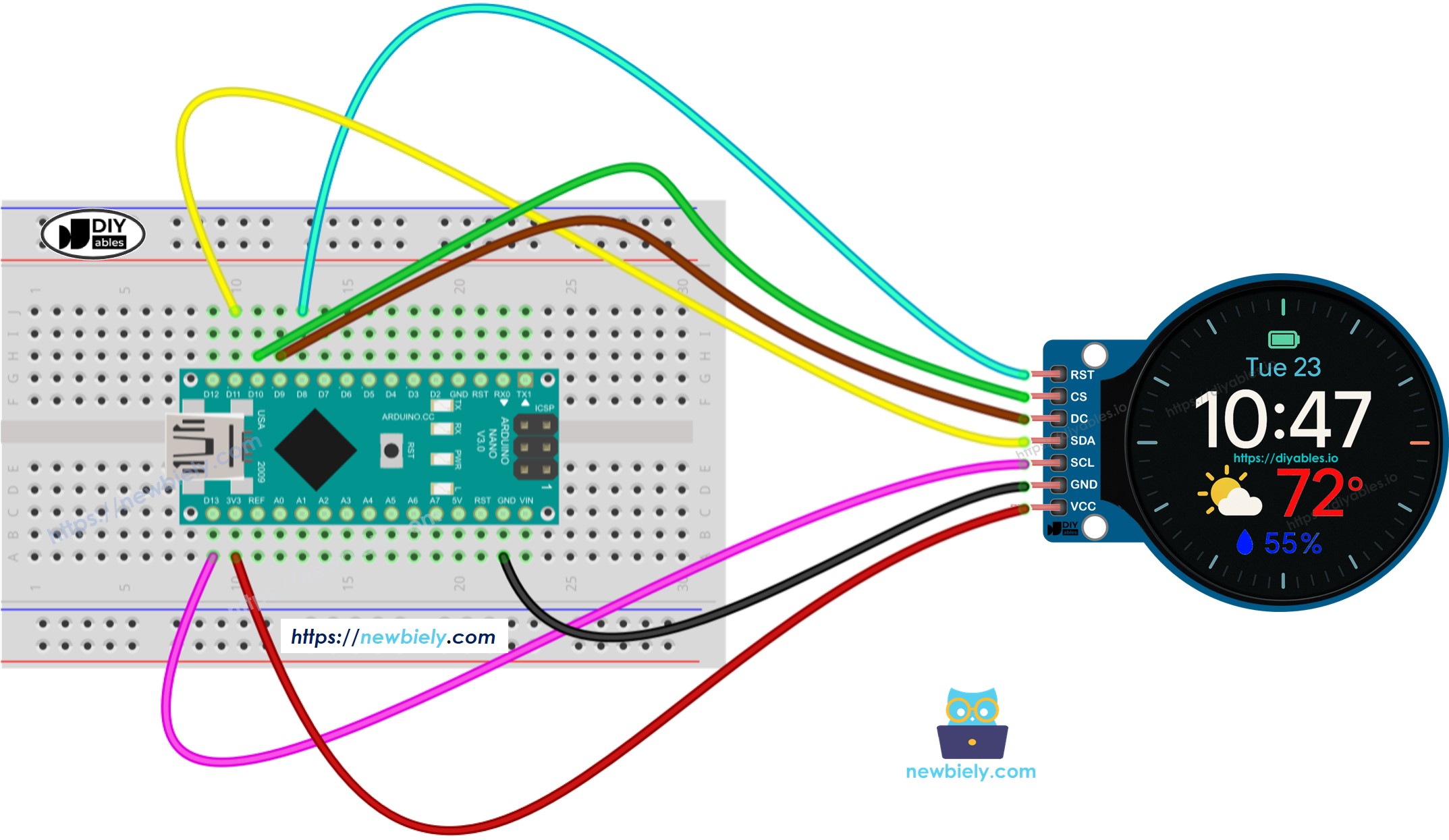 Schéma de câblage de l'écran TFT LCD rond de 1,28 pouces pour Arduino Nano