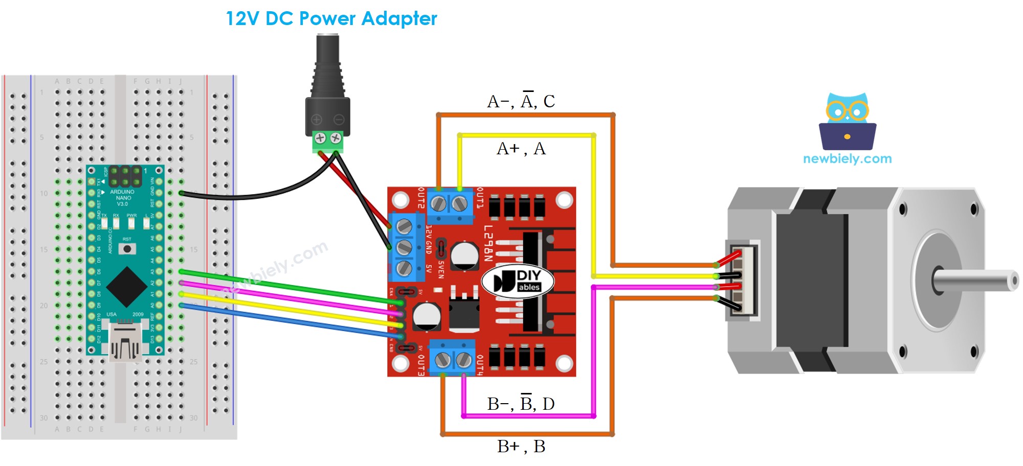 Schéma de câblage du pilote L298N pour moteur pas à pas Arduino Nano