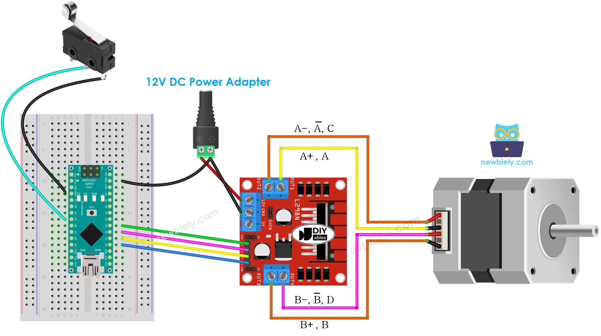 Schéma de câblage du moteur pas à pas et de l'interrupteur de fin de course pour Arduino Nano
