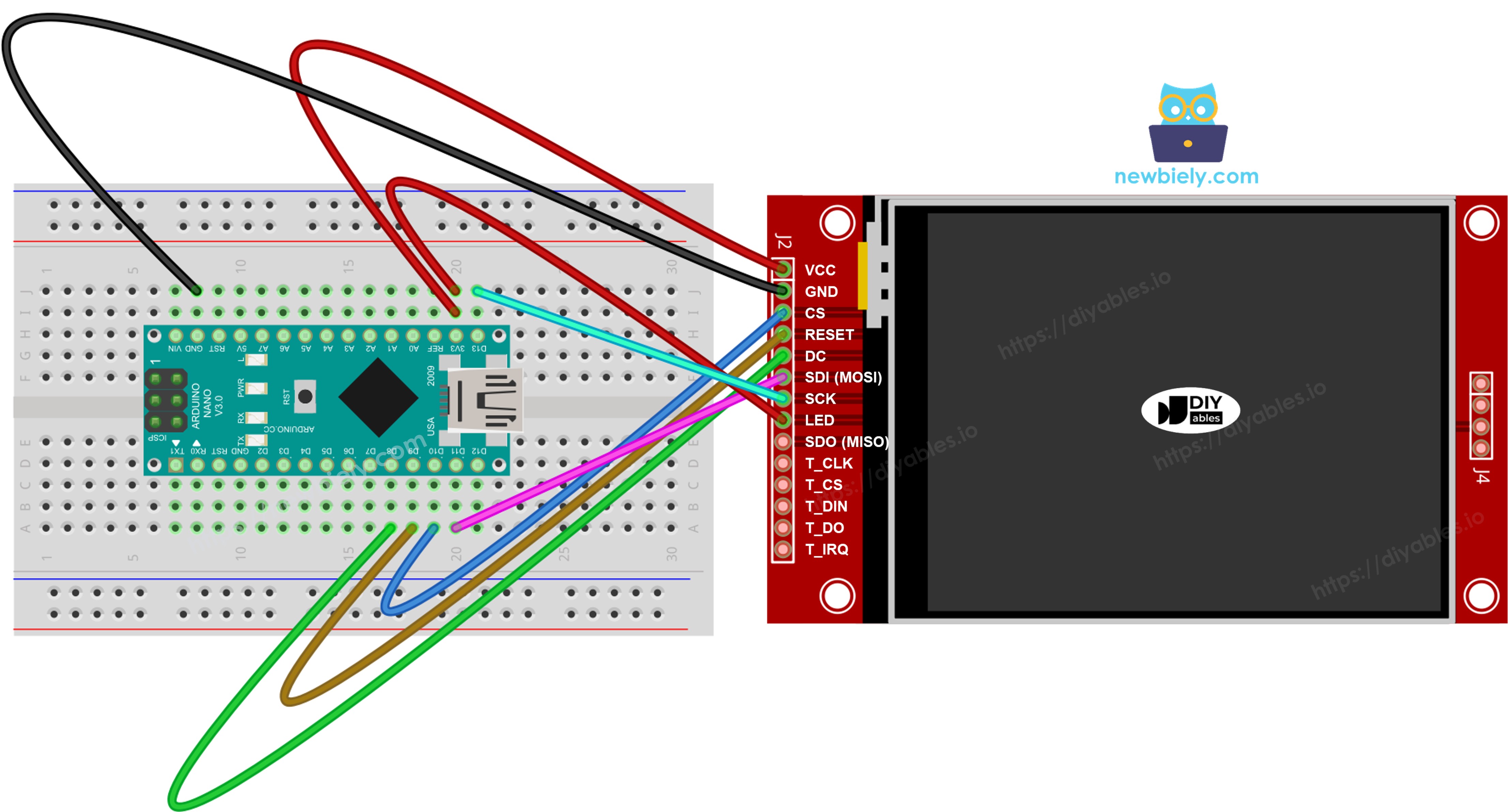 Arduino Nano TFT SPI Display wiring diagram without touch