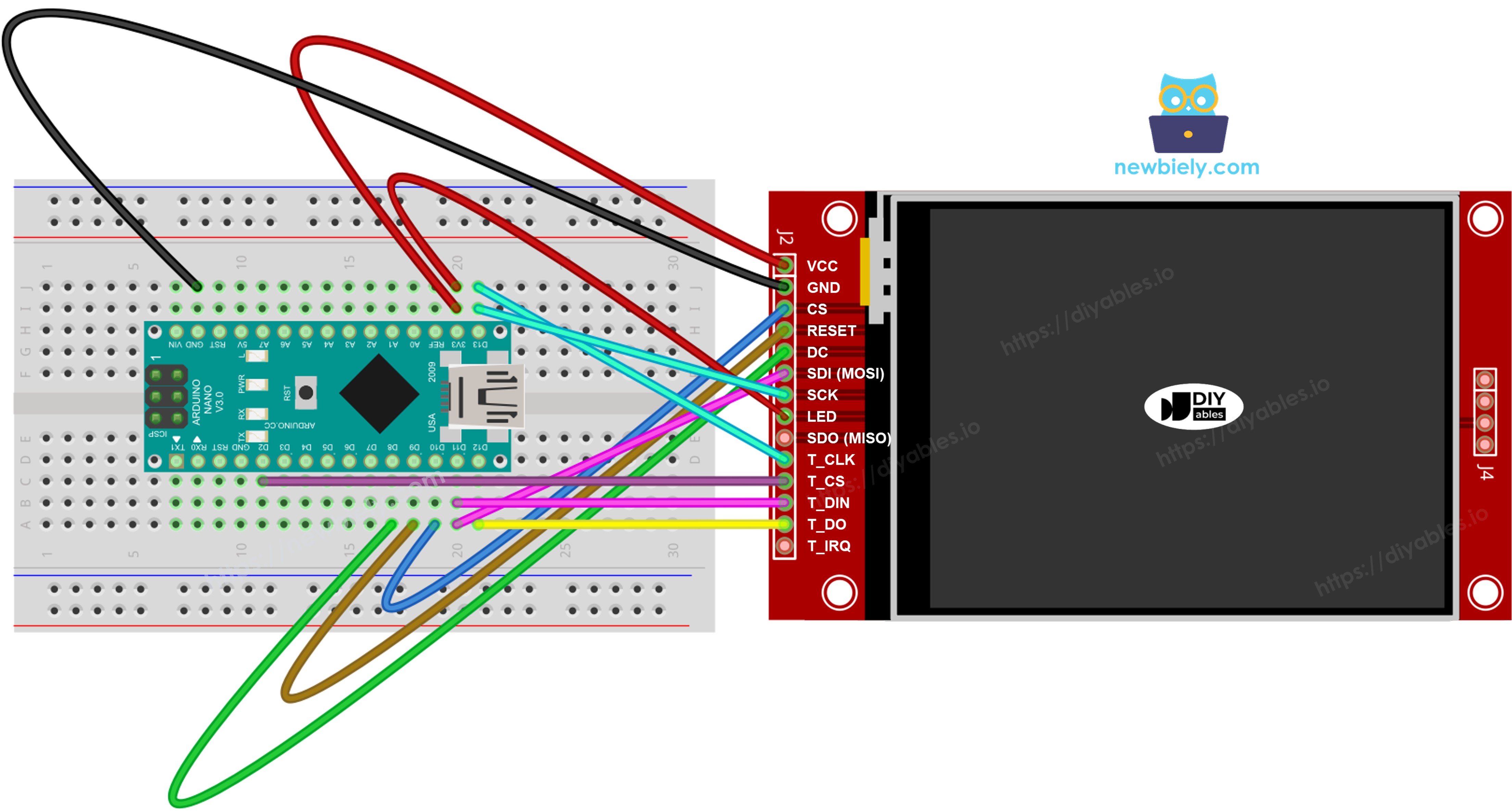 Arduino Nano TFT SPI Display wiring diagram with touch