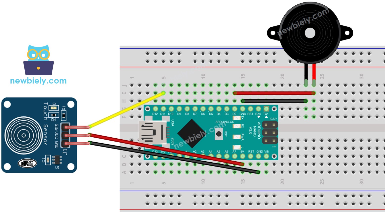 Schéma de câblage du capteur tactile et du buzzer piézo pour Arduino Nano