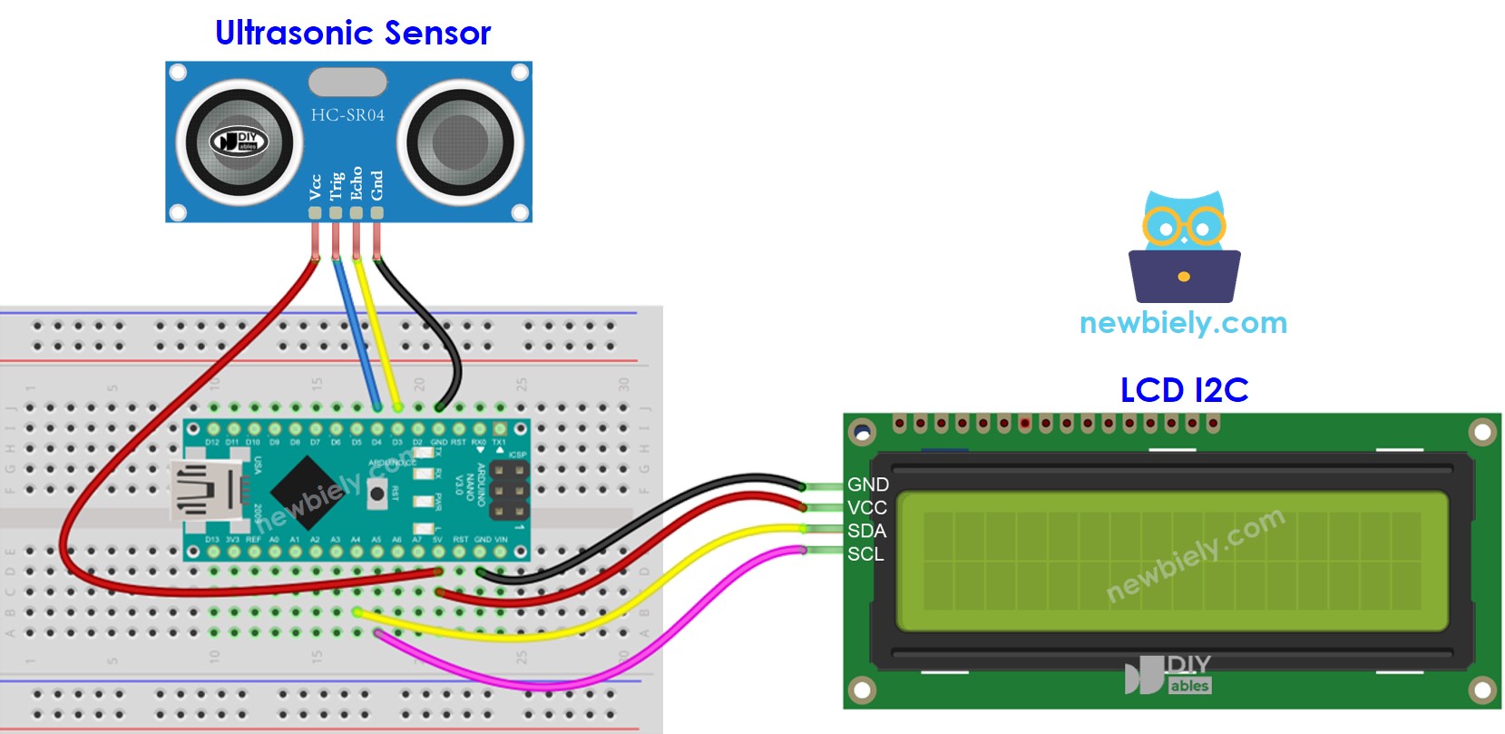 Schéma de câblage du capteur ultrasonique Arduino Nano LCD