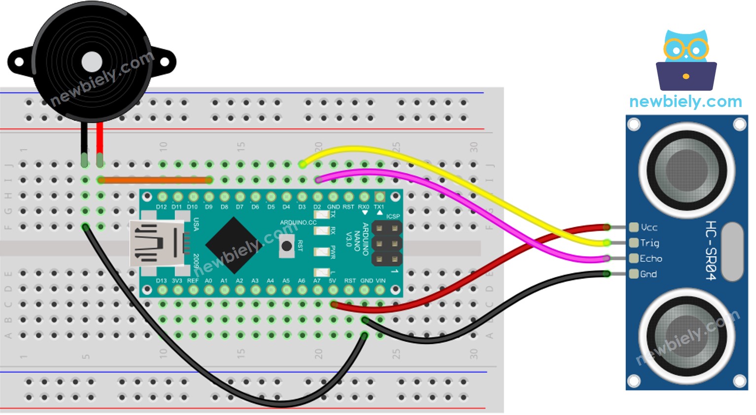 Schéma de câblage de l'Arduino Nano, du capteur ultrason et du buzzer piézo