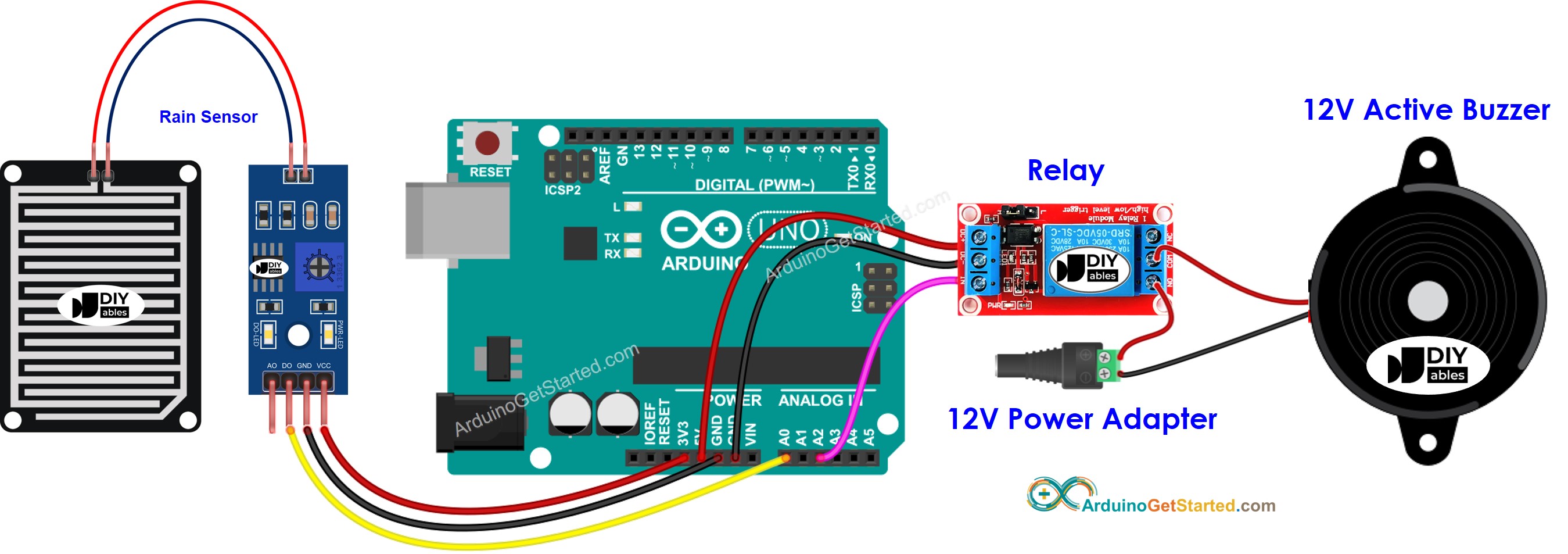 Schéma de câblage du buzzer 12V pour capteur de pluie Arduino