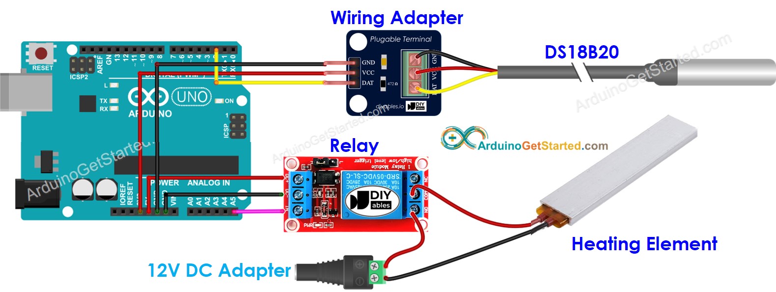Schéma de câblage du système de chauffage avec contrôle de température par Arduino.
