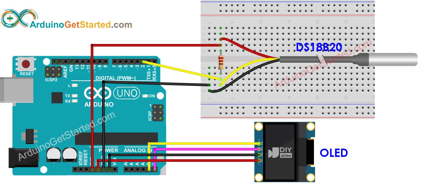 Schéma de câblage de l'écran OLED du capteur de température DS18B20 Arduino