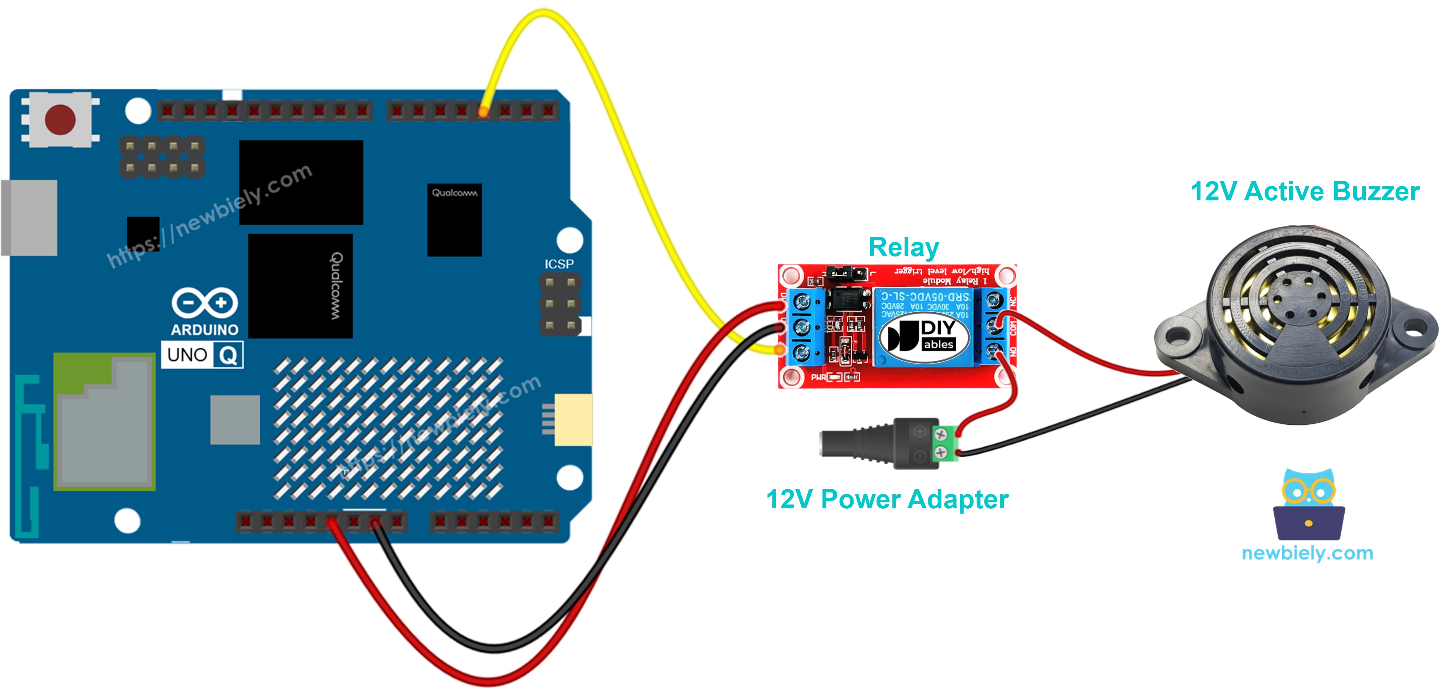 Schéma de câblage Arduino UNO Q Buzzer Actif 12V