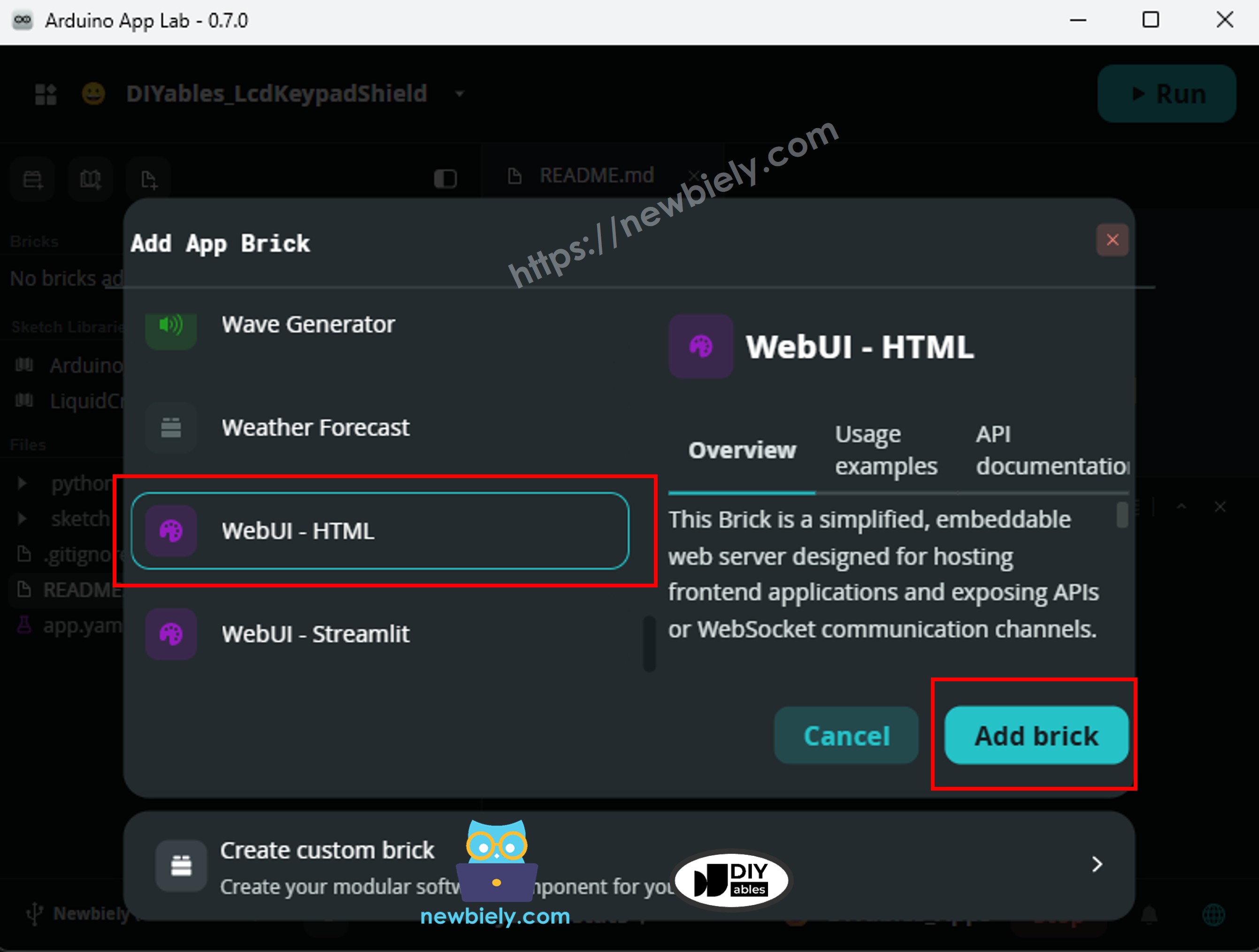 Brick WebUI - HTML sélectionné dans le catalogue des Bricks Arduino App Lab