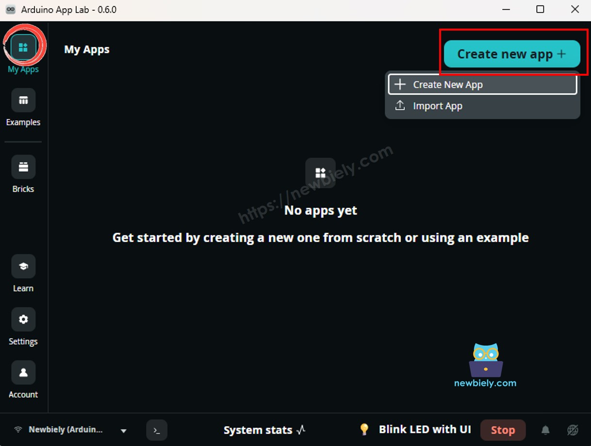 Créer une nouvelle application dans Arduino App Lab sur Arduino UNO Q