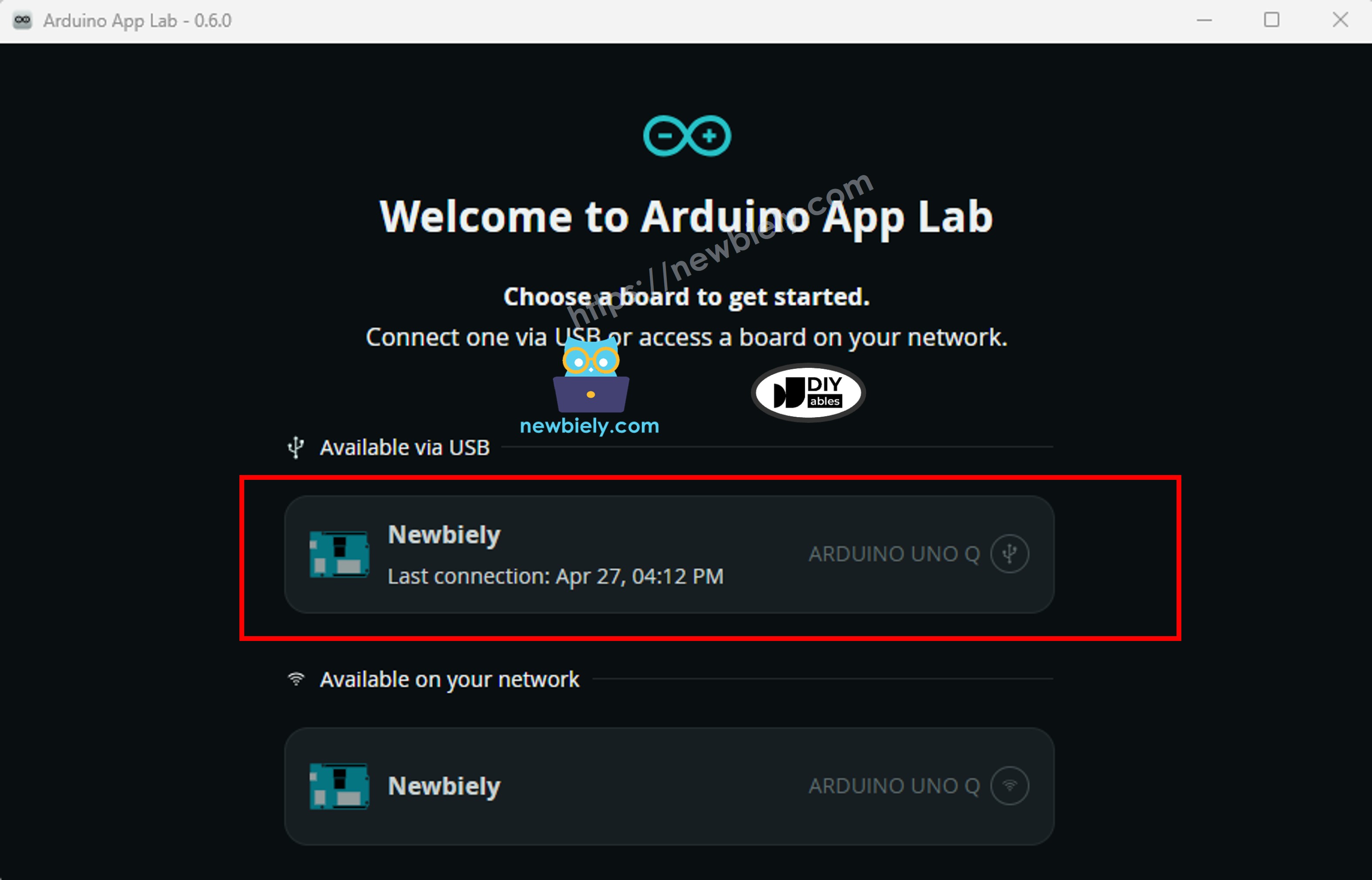 Arduino App Lab - Sélectionner la Connexion