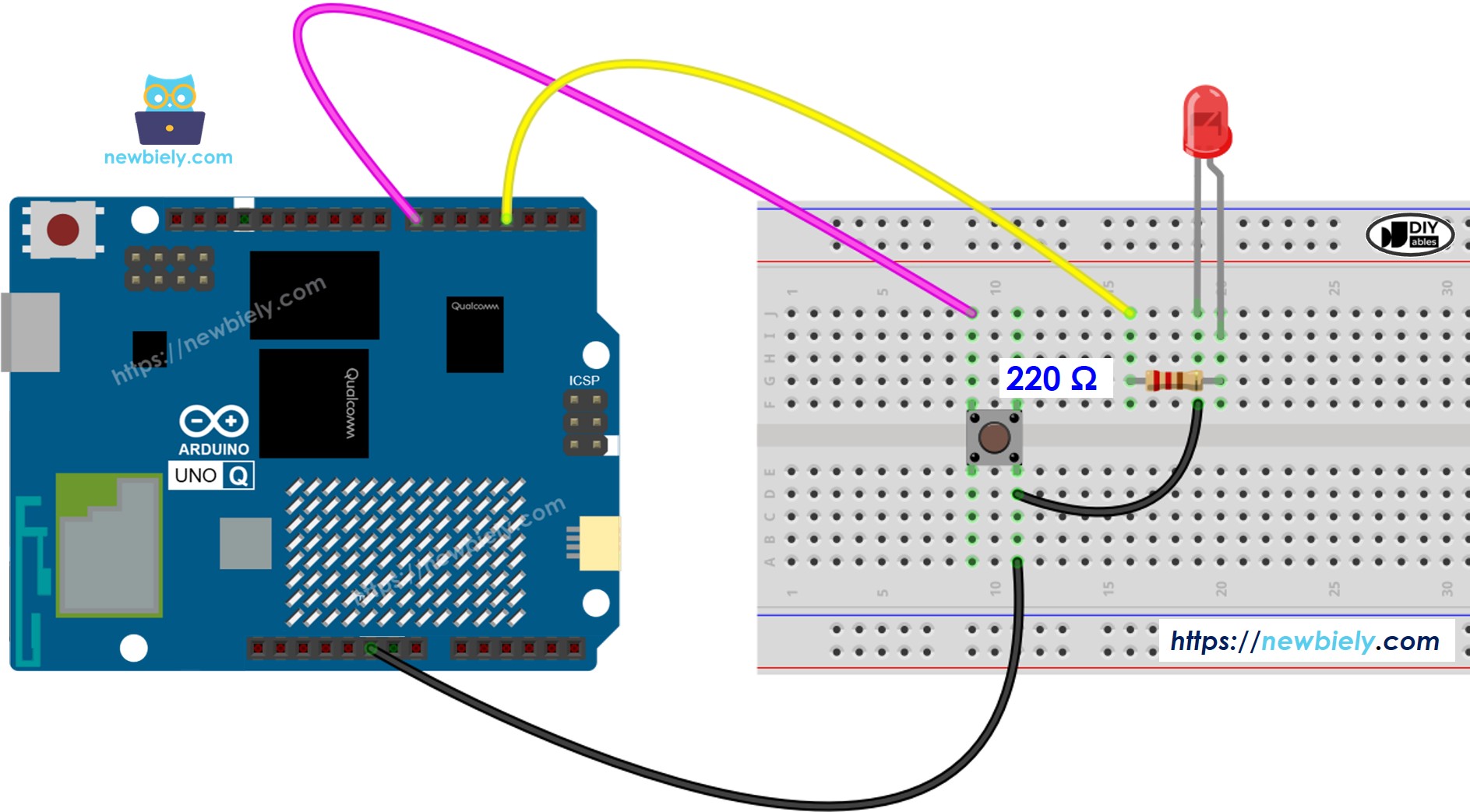 Schéma de câblage Arduino UNO Q Bouton LED
