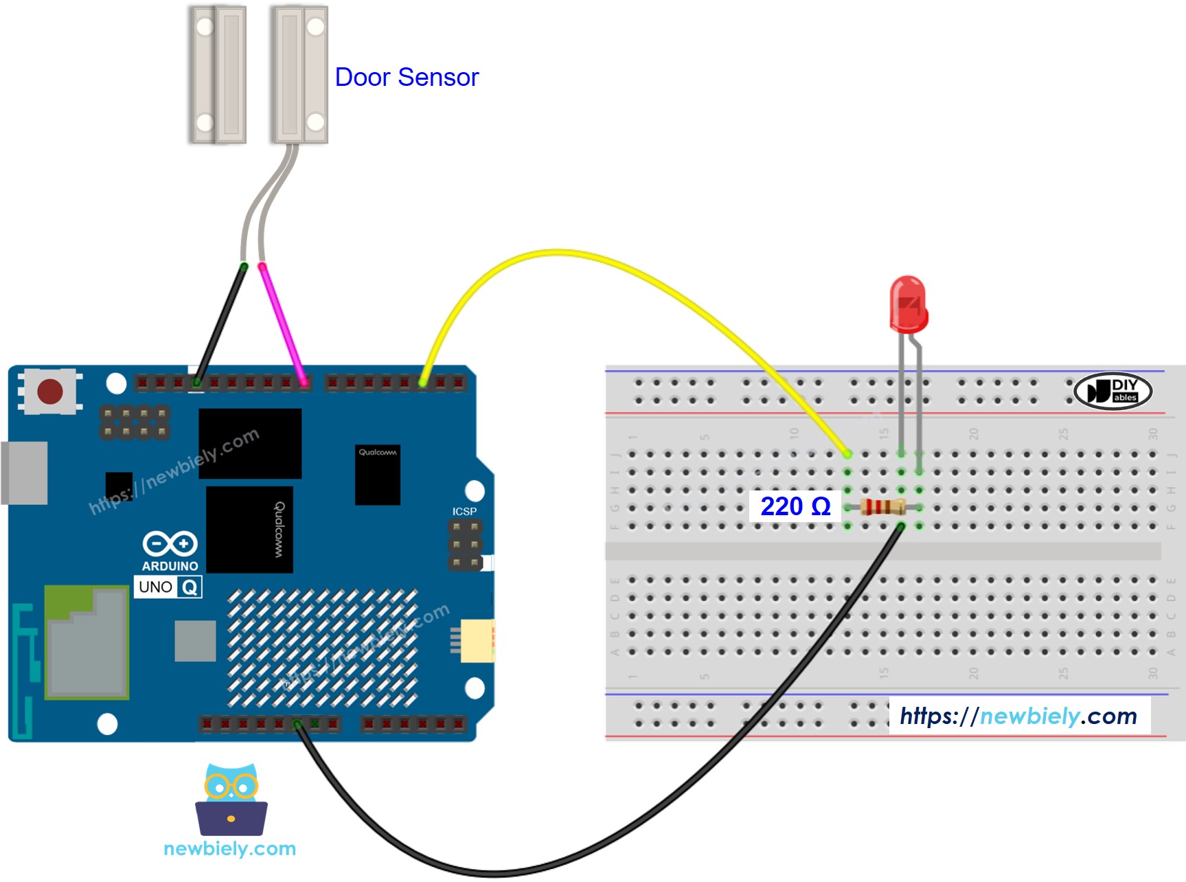 Schéma de Câblage Arduino UNO Q Capteur de Porte LED
