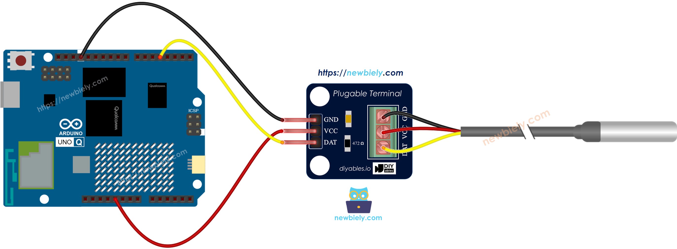 Schéma de Câblage Arduino UNO Q DS18B20 Adaptateur