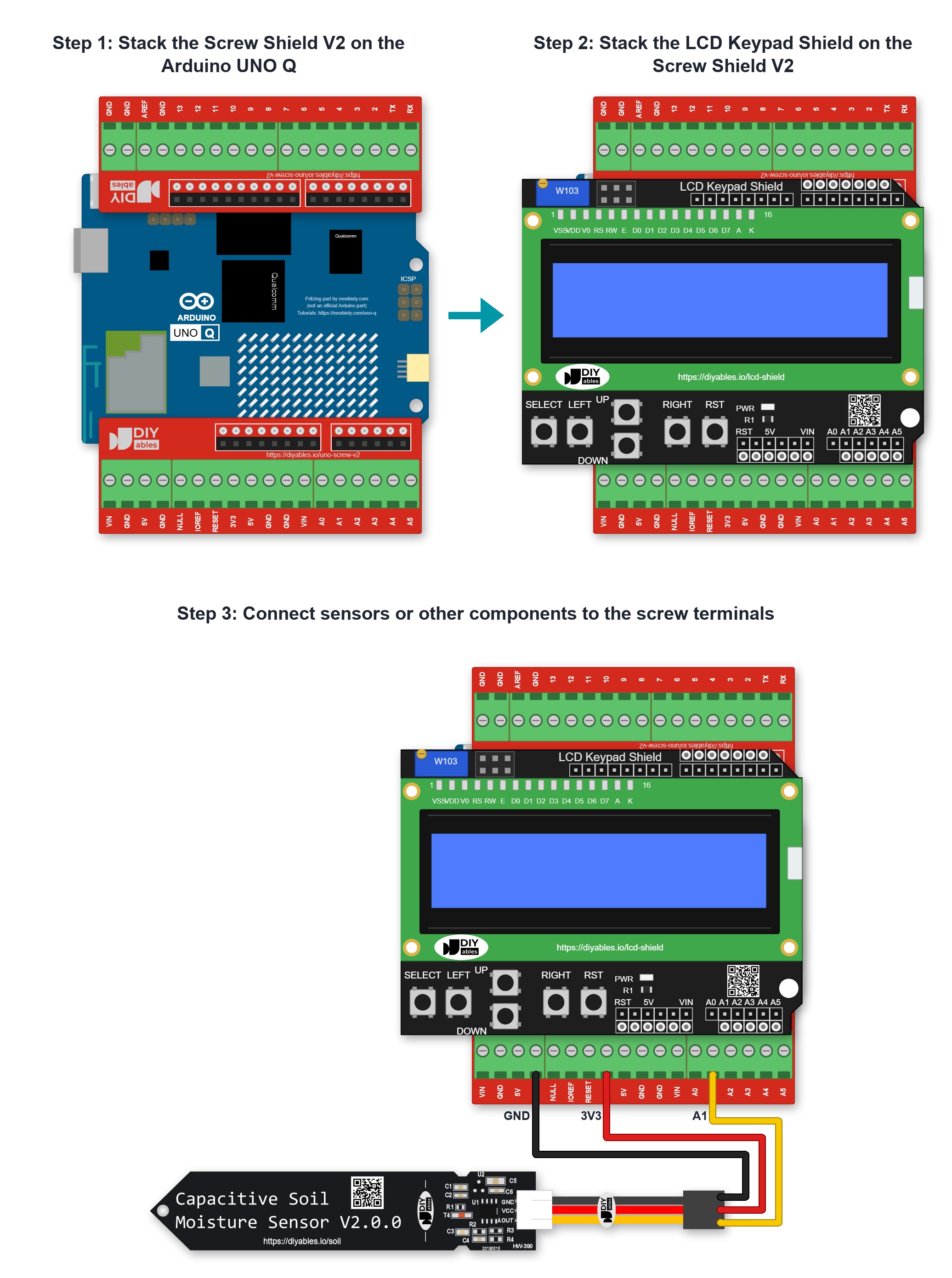 Arduino UNO Q shield LCD Keypad avec Screw Shield